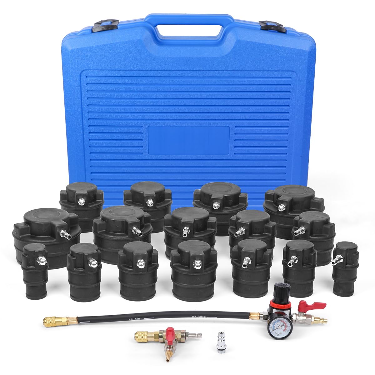 Turbo Boost Leak Tester Kit 18PC Boost Leak Test Kit w/S.moke Adpt Turbo System Pressure Leakage Tester 8 Pairs of Stepped Adapters 1-1/5" to 4-8/25" Turbo Test Kit for Radiator Cooling Emission Pipes