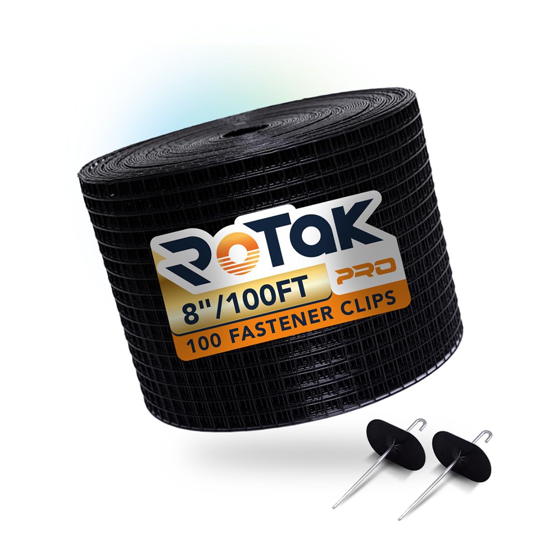 Rotak Critter Guard PRO - 8in x 100ft Solar Panel Bird Prevention Roll Kit with 100 Fastener Clips - Heavy Duty Galvanized Black PVC Coated ½ inch Wire Roll Mesh (8" PRO + 100 Clips)