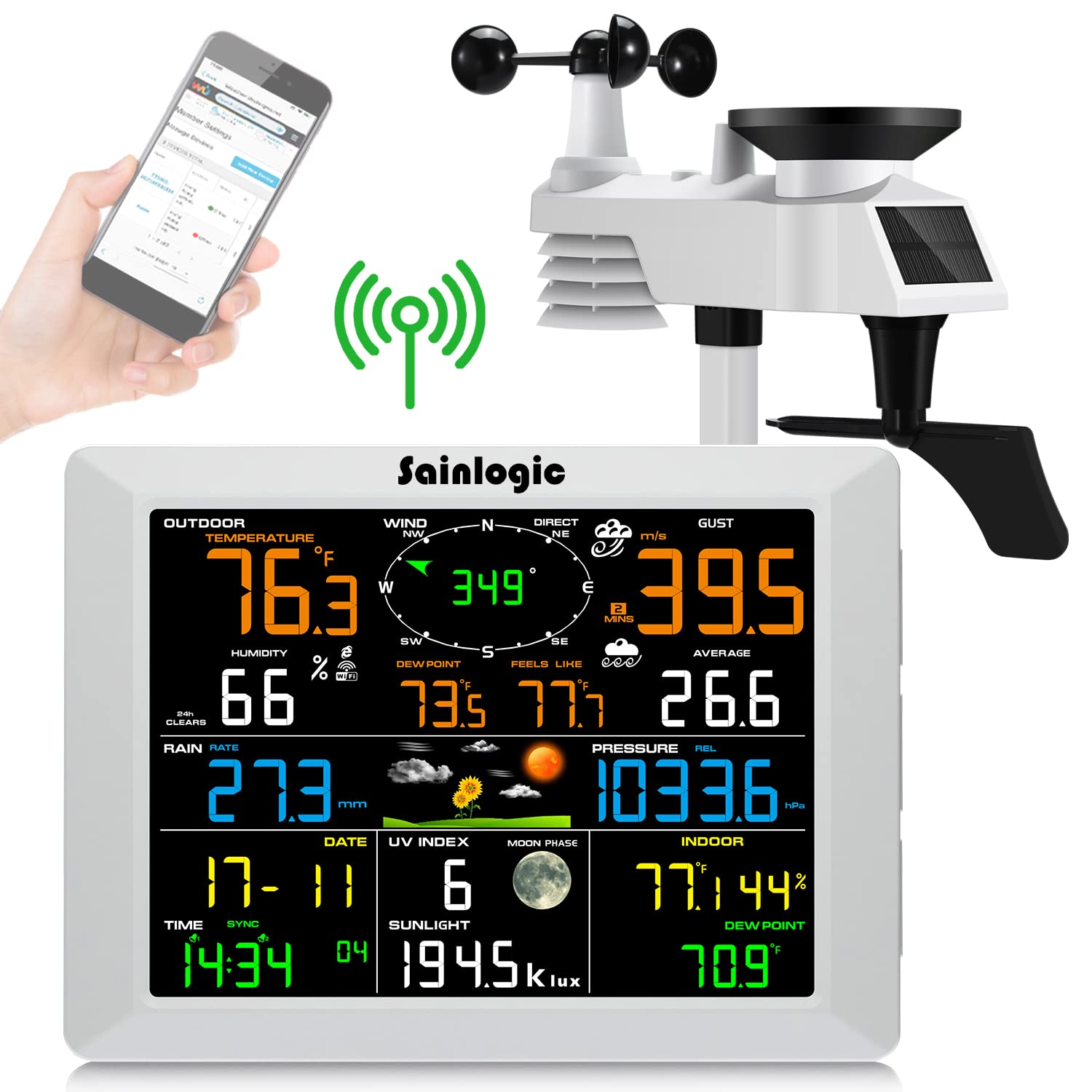 Sainlogic WiFi Weather Station with 8.3 inch Large Display Wireless Weather Station, Indoor Outdoor Remote Monitoring System, Rain Gauge and Temperature Wind Gauge, Wunderground(White)