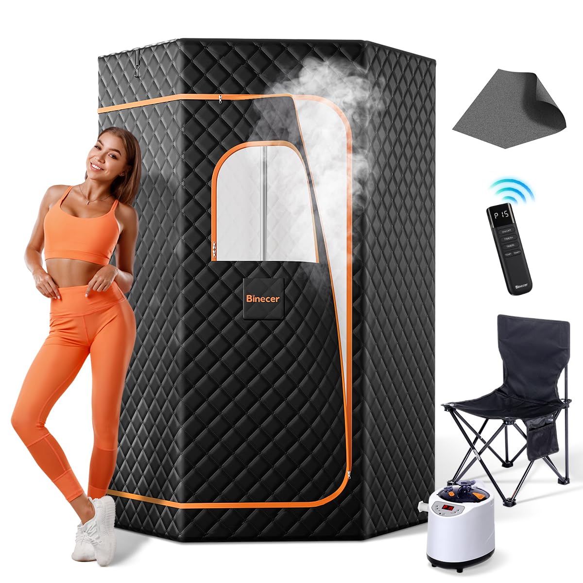 Binecer Portable Sauna Box, Steam Sauna Portable Sauna for Home, Sauna Tent with 3L 1200W Steamer, Folding Chair, 15 Heating Speeds for Personal Indoor Sauna-Black