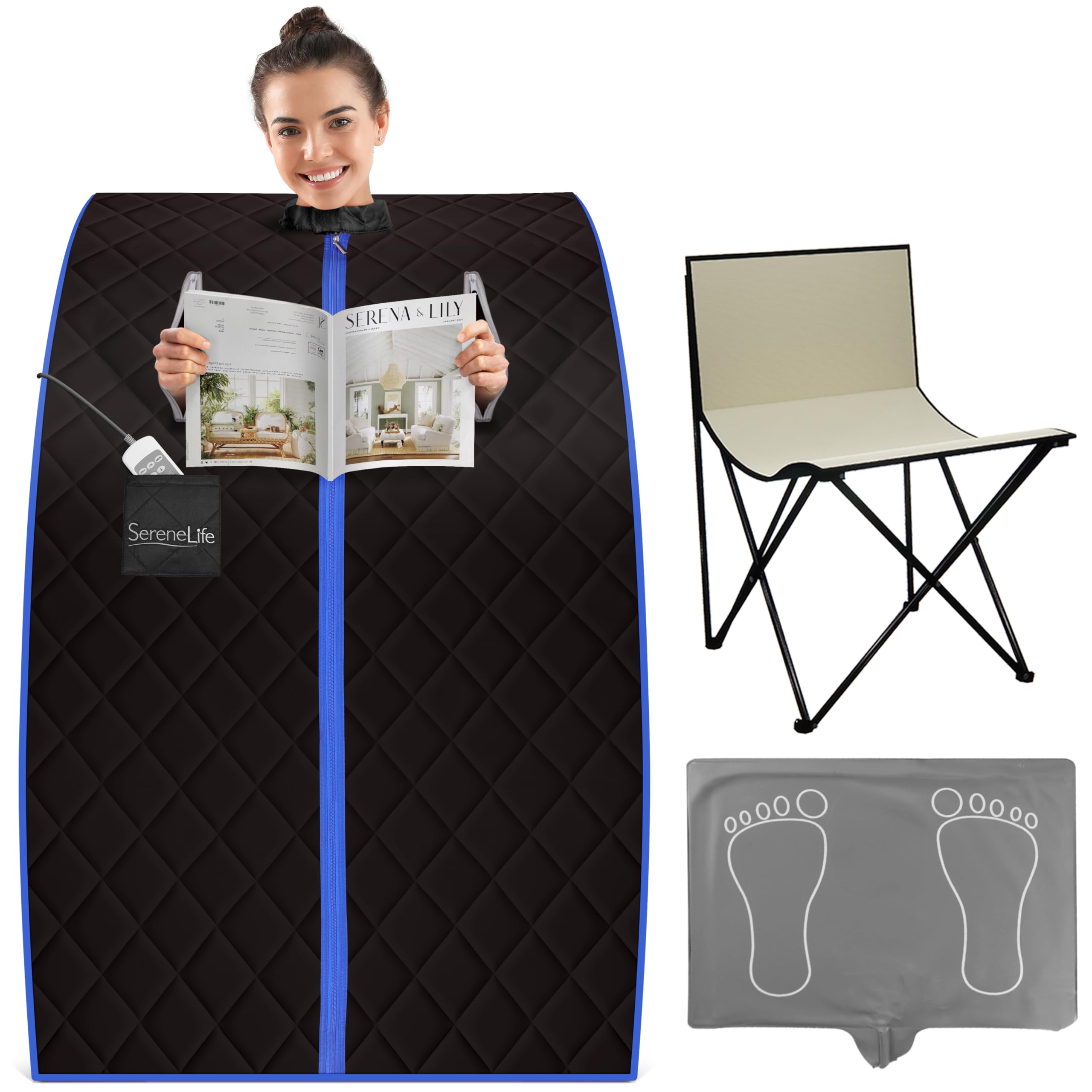SereneLife Portable Sauna Box for Home, Infrared Sauna Tent with Heated Foot Pad and Folding Chair, Remote Control In-Home Spa, 38" x 32” - (Black)