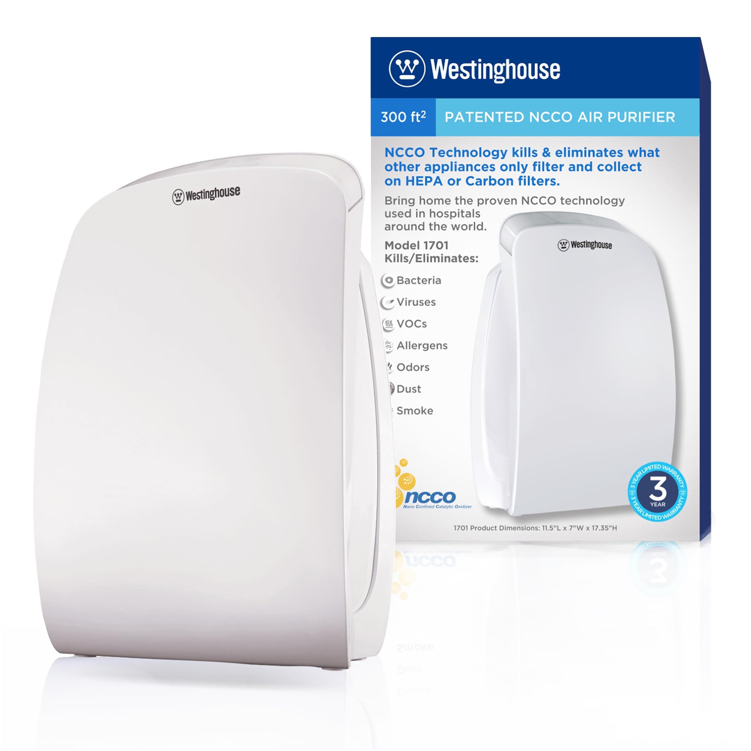 Westinghouse 1701 True HEPA Air Purifier - Medical-Grade NCCO Technology Air Purifiers for Home, Removes Allergens, Pet Dander, Smoke, Odors, Air Purifier 300 sq ft