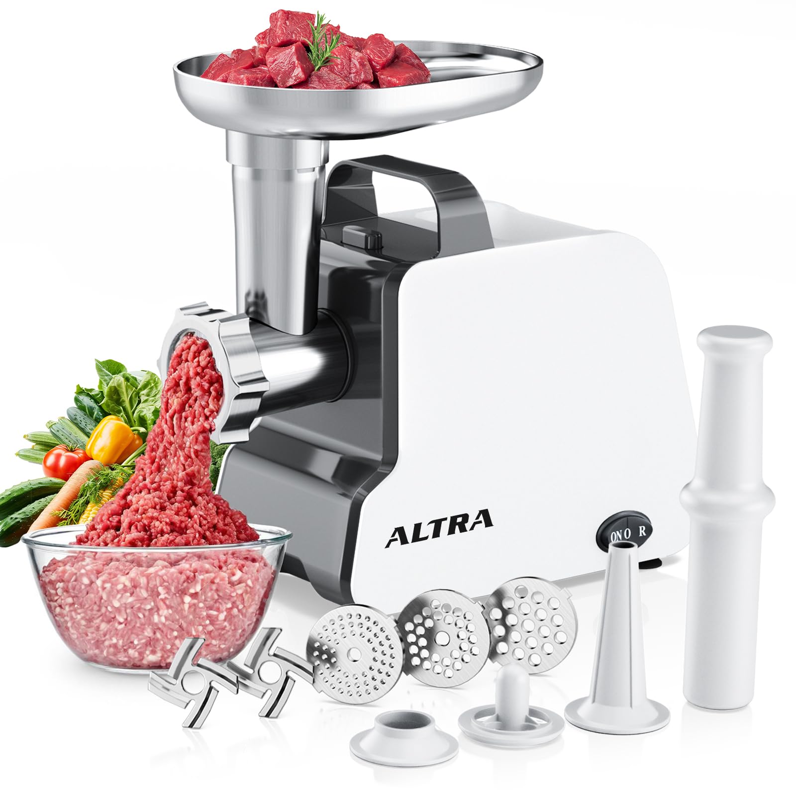 ALTRA LIFE Electric Meat Grinder, 2300W Max, Heavy Duty Sausage Stuffer with 2 Blades, 3 Grinding Plates, Sausage Tube & Kubbe Kit, Home Kitchen Meat Mincer with Handle (White)