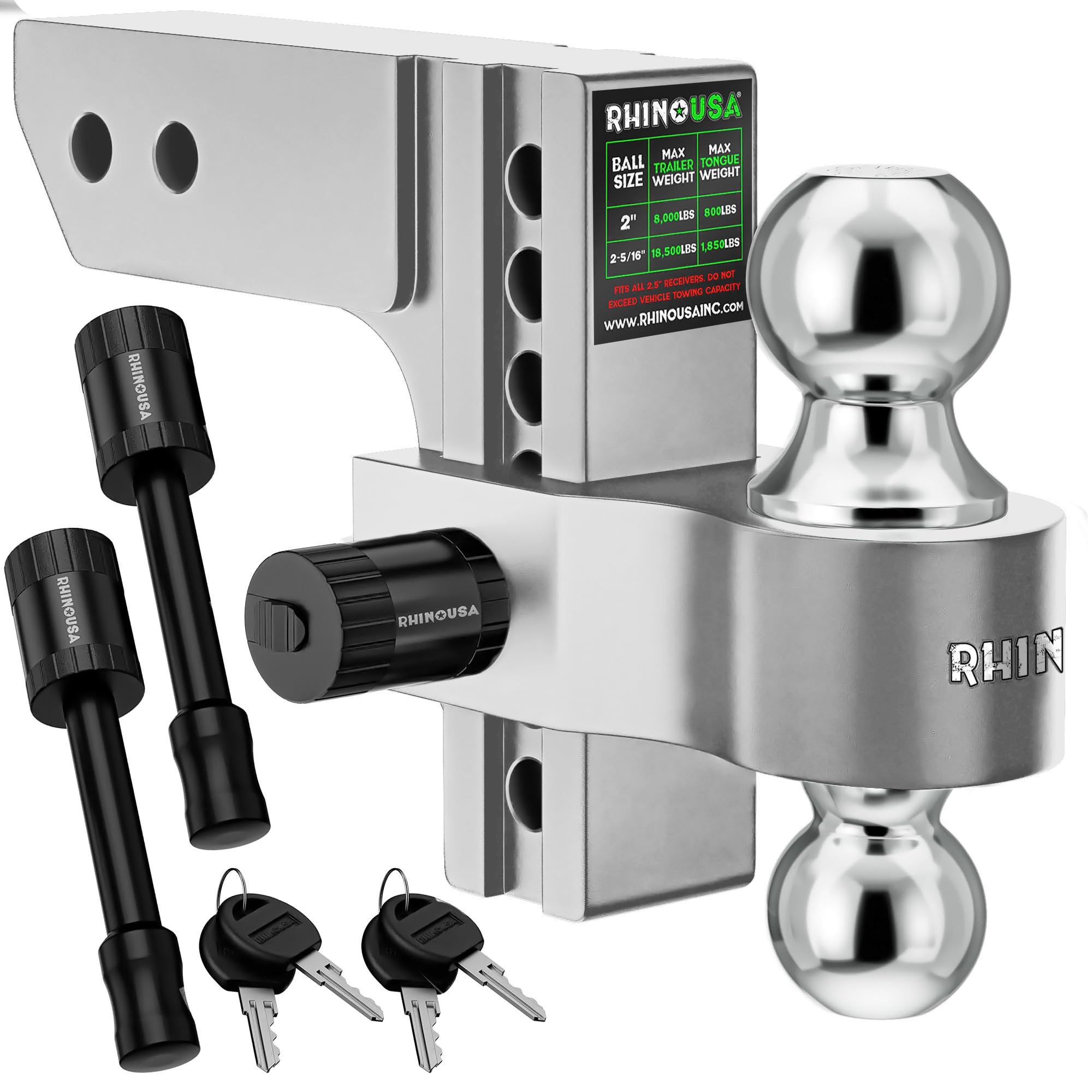 Rhino USA Adjustable Trailer Hitch (Fits 2-Inch Receiver) - Heavy Duty Aluminum Tow Hitches with 6-Inch Drop/Rise for Truck (12,500 LBS GTW) - Weatherproof Double Anti-Theft Locking Hitch Pin (Silver)