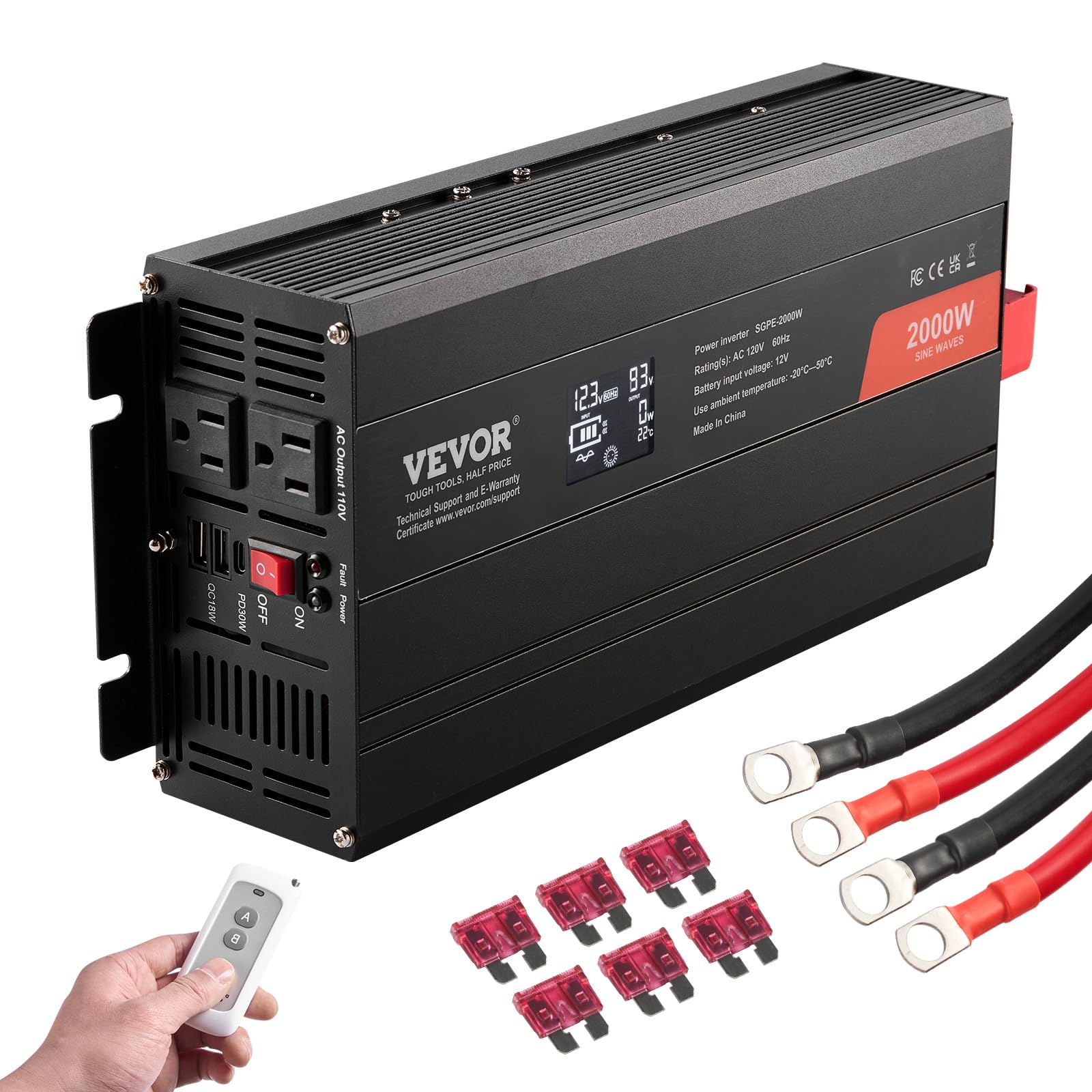 VEVOR Pure Sine Wave Inverter, 2000 Watt, DC 12V to AC 120V Power Inverter with 2 AC Outlets 2 USB Port 1 Type-C Port, LCD Display and Remote Controller for Medium-Sized Household Equipment, CE FCC