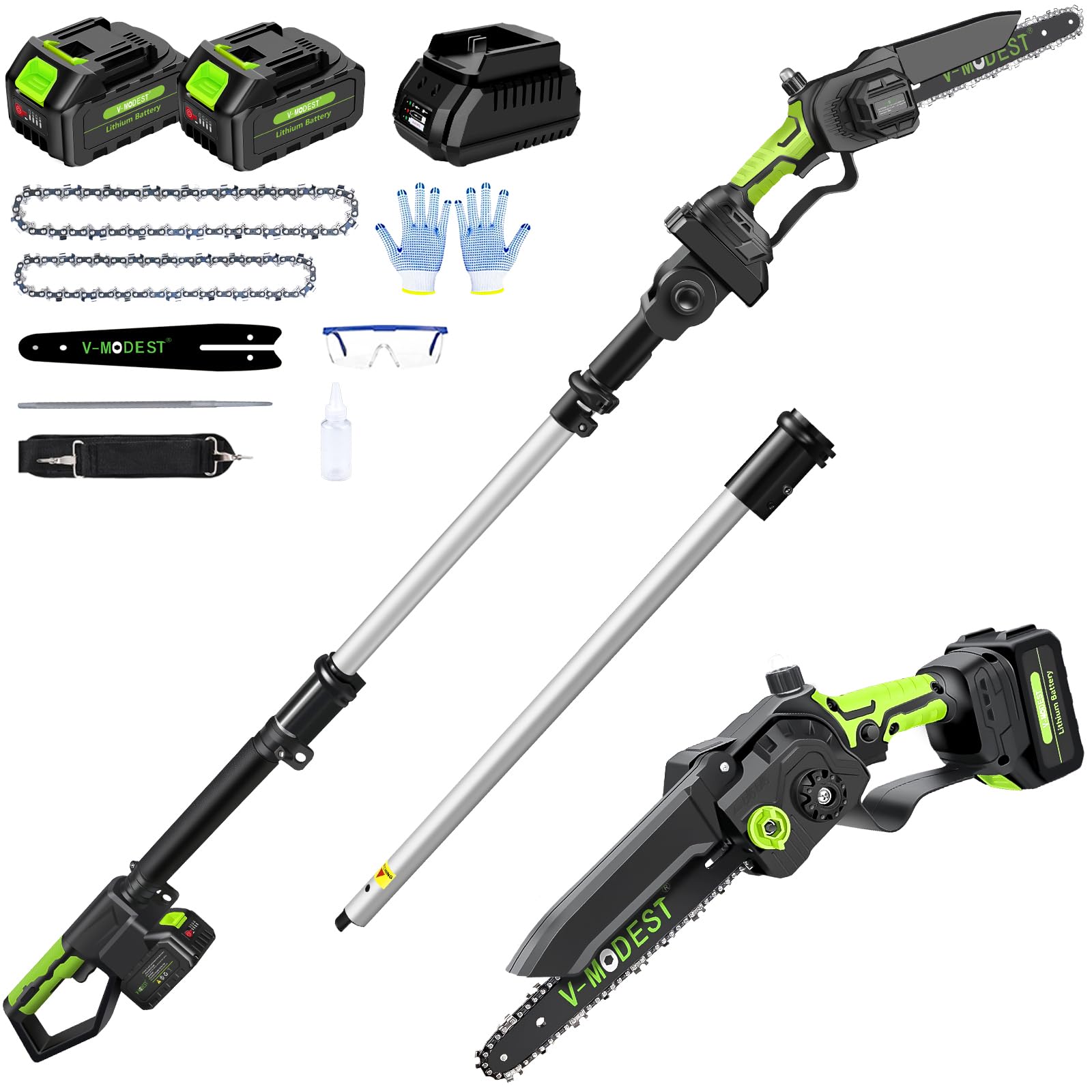 2-IN-1 Cordless Pole Saw 8 inch &6 inch, 2 * 4.0Ah Battery Powered Pole Saws for Tree Trimming, Brushless Electric Rotatable Pole Saw with 15ft Max Extension Pole for Tree Branches Wood Cutting