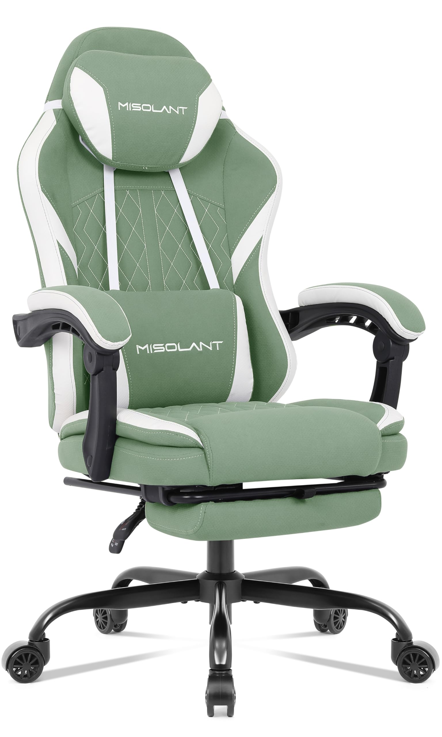 Misolant Fabric Gaming Chair, Massage Gamer Chair with footrest for Adults, High Back Ergonomic Computer Game Chair with Adjustable Headrest and Lumbar Support, 90-155° Recline Free，Green