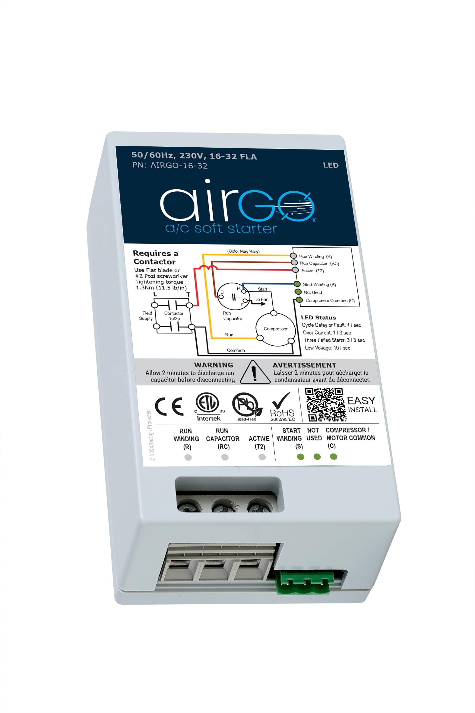 AIRGO Air Conditioner Soft Start Module, Easy DIY Install, Smallest Soft Start on The Market, Reverse Motor Protection for Generator Use. Proven Reliability. (16-32A)