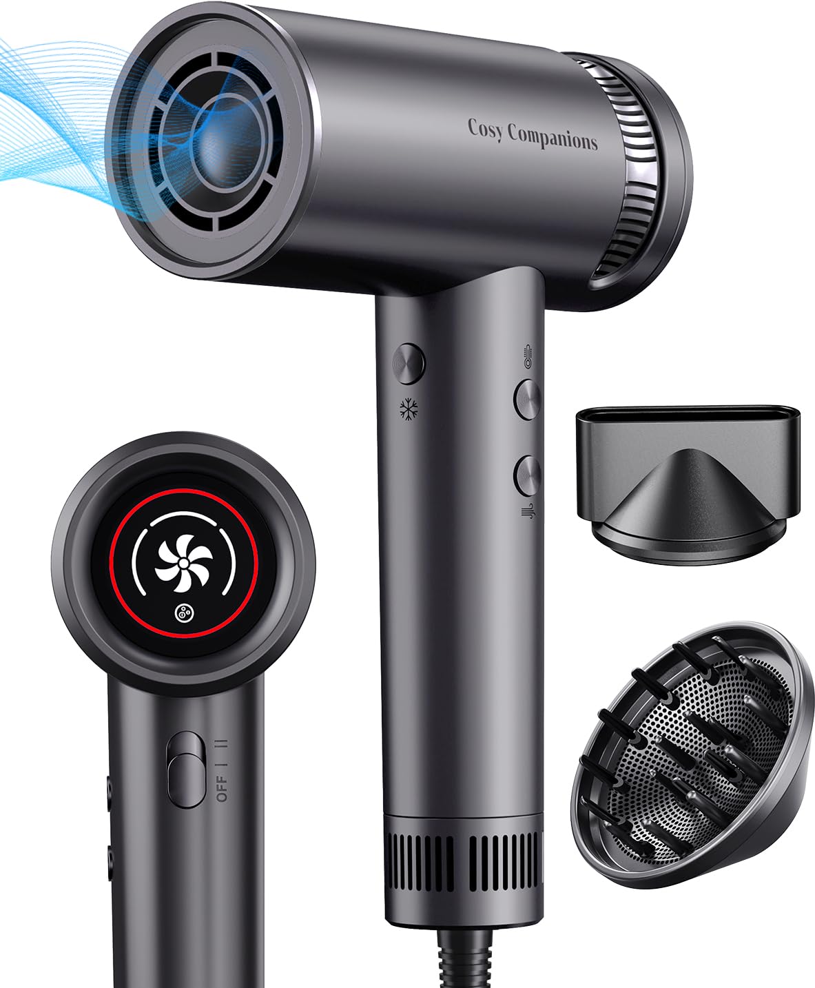 Lightweight Hari Dryer with Diffuser and Nozzle, High Speed Negative Ionic Blow Dryer with HD Display
