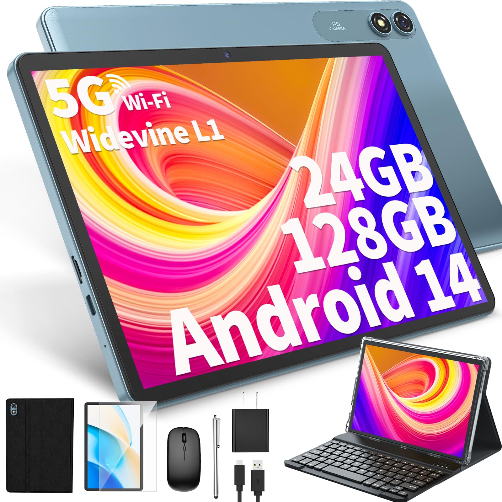 HISORL Android Tablet with Keyboard, Android 14 Tablet 10 inch with 24GB+128GB, 1TB Expand, 8-Core, 8000mAh, 5G WiFi, Widevine L1, GMS, 2 in 1 Tablet with Keyboard, Mouse, Stylus(Black)