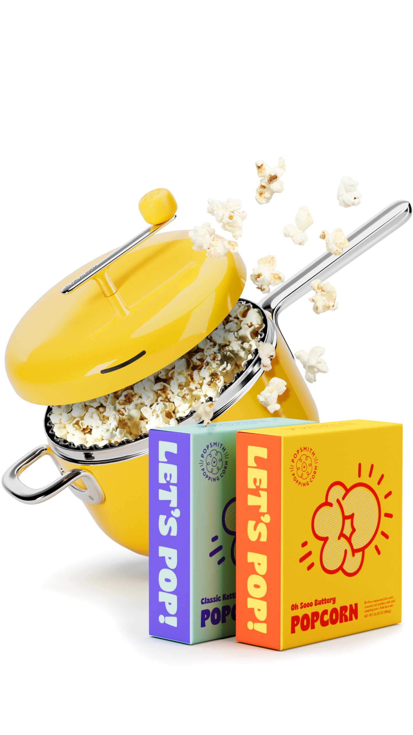 Popsmith Starter Bundle in Butter - 6 Quart Stovetop Popcorn Machine with 5 Movie Theater Popcorn & 5 Kettle Corn Popcorn Kits - Stainless Steel Popcorn Maker Compatible with All Stovetops