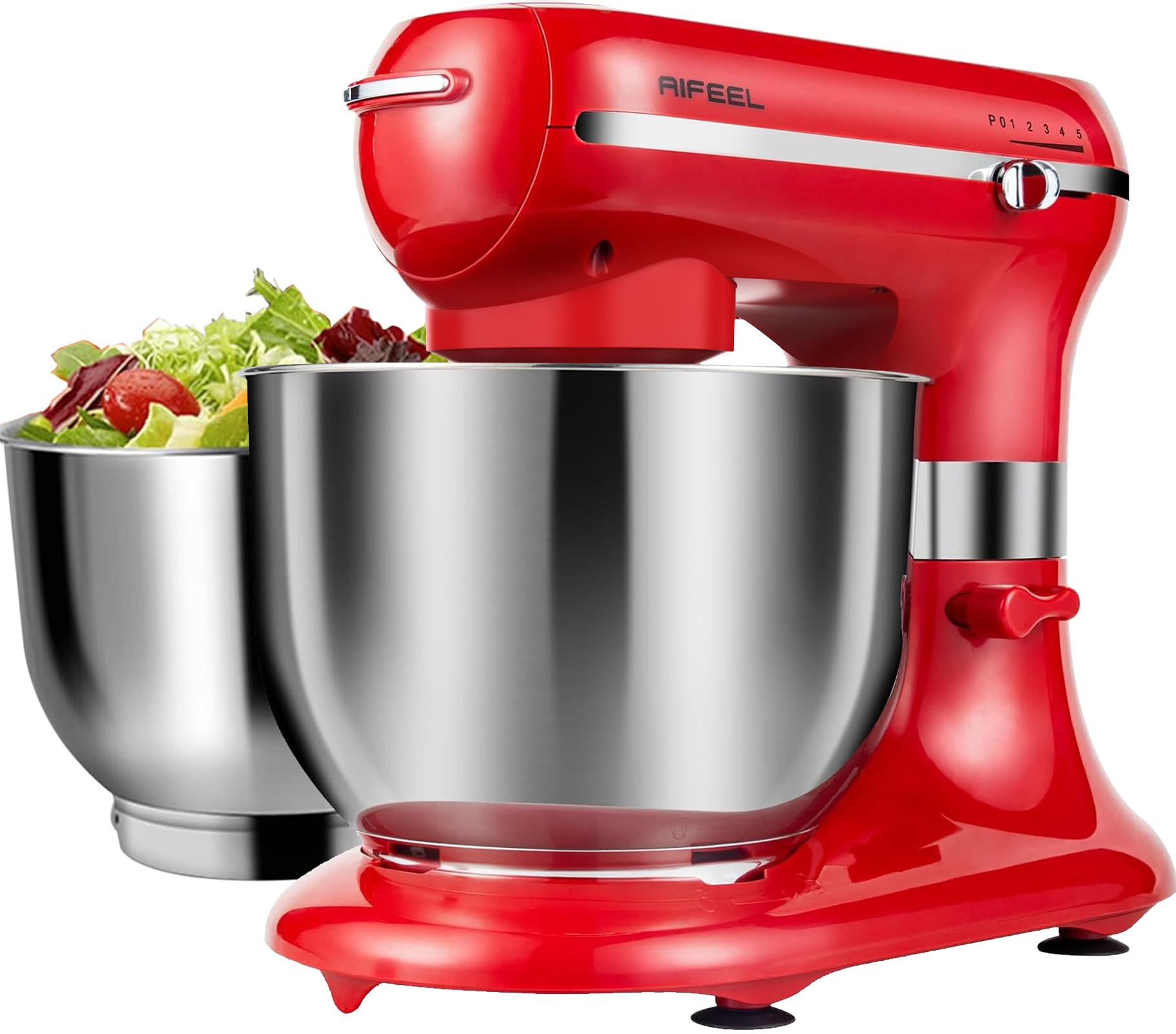 AIFEEL Stand Mixer,Electric Food Mixer with 7.5QT+5.5QT Two Stainless Steel Bowls, Tilt-Head Electric Kitchen Mixer with Dough Hook,Egg Whisk,Flat Beater,Splash Guard (Red)