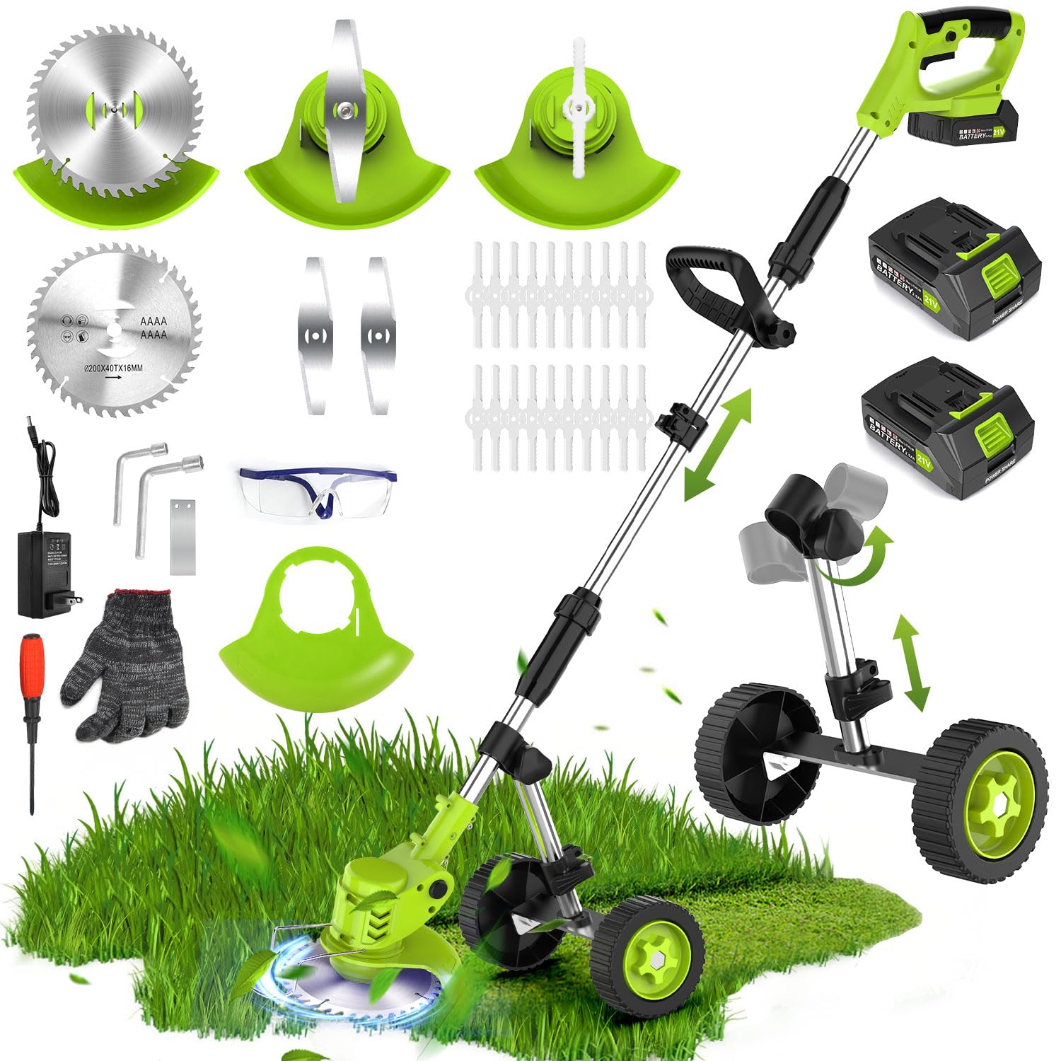 20000 RPM Electric Weed Wacker Cordless, 4-in-1 Weed Eater Cordless with Battery Powered, Lawn Mower/Grass Trimmer/Lawn Edger with 3 Types Blades, Battery Weed Wacker with Wheels (2 Battery, Green)