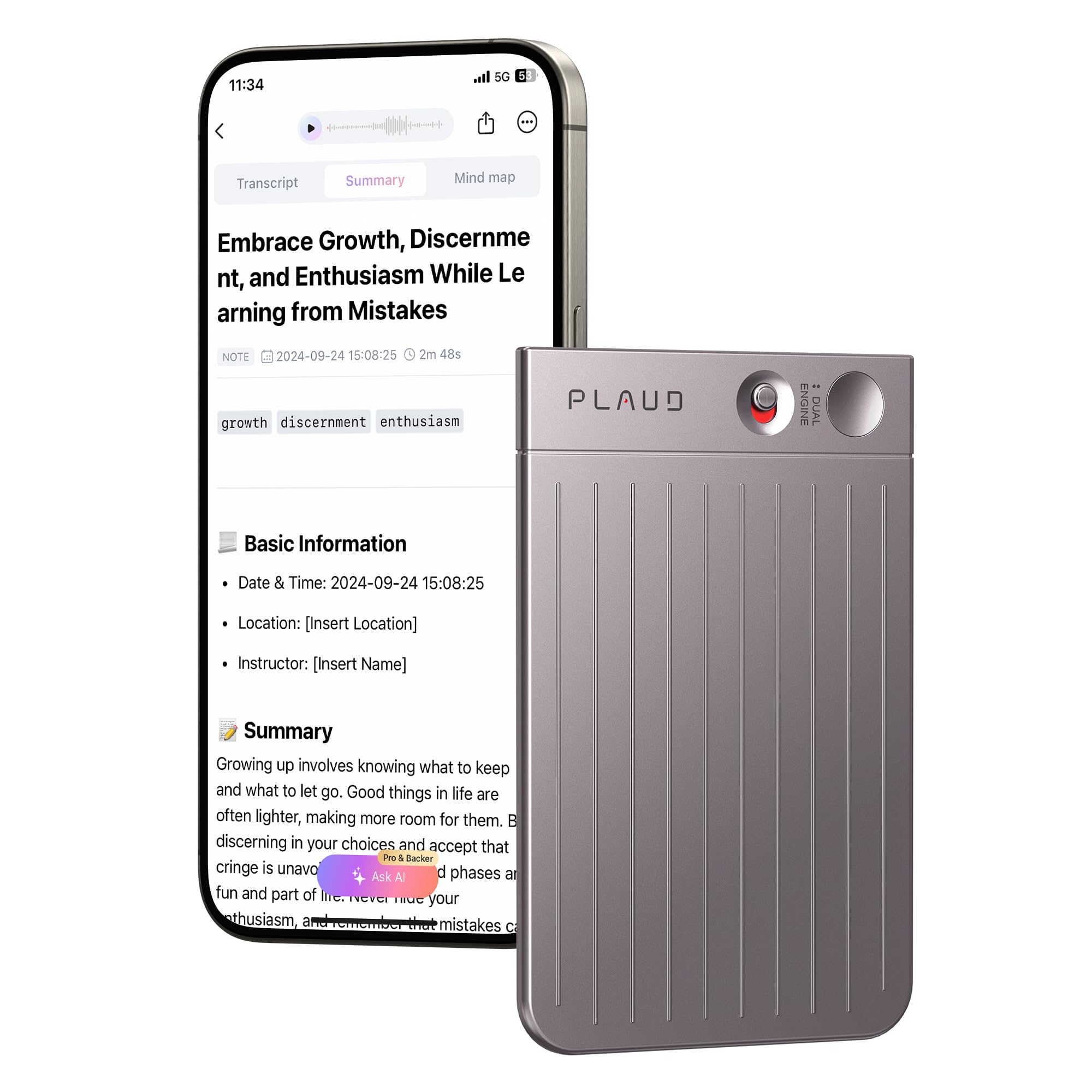 AI Voice Recorder, PLAUD Note Voice Recorder w/Case, App Control, Transcribe & Summarize with AI Technology, Support 112 Languages, 64GB Memory, Audio Recorder for Lecture, Meeting, Call, Interview