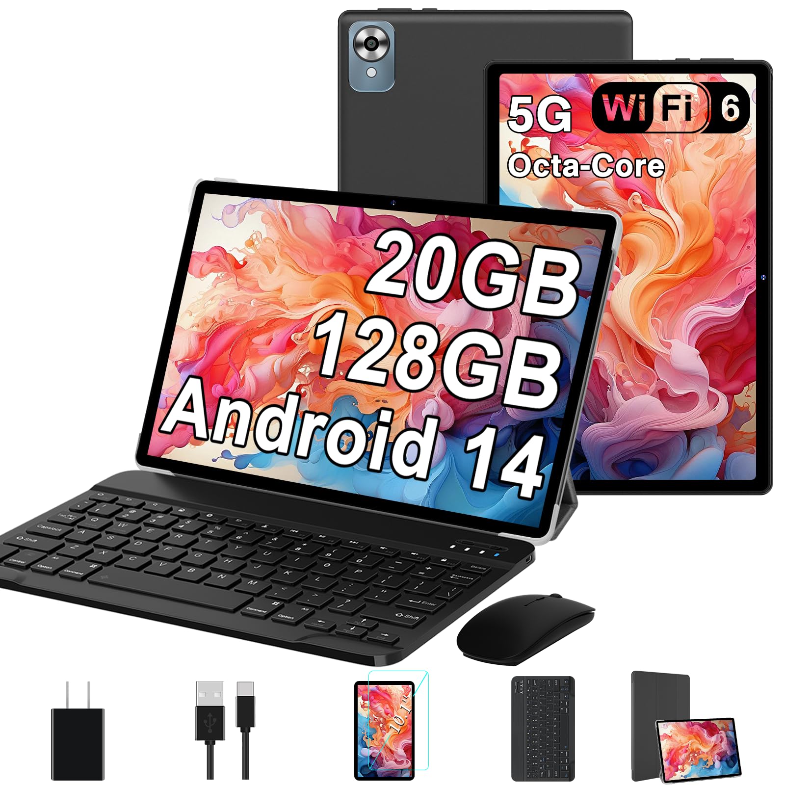 2025 Android 14 Tablet with Keyboard 20GB+128GB+1TB Expand, 10.1 Inch Octa-Core 2-in-1 Tablets with HD IPS Display, 5G WiFi 6, 6000mAh Battery, BT5.0, Split Screen, Widevine L1, Mouse, Case -Black