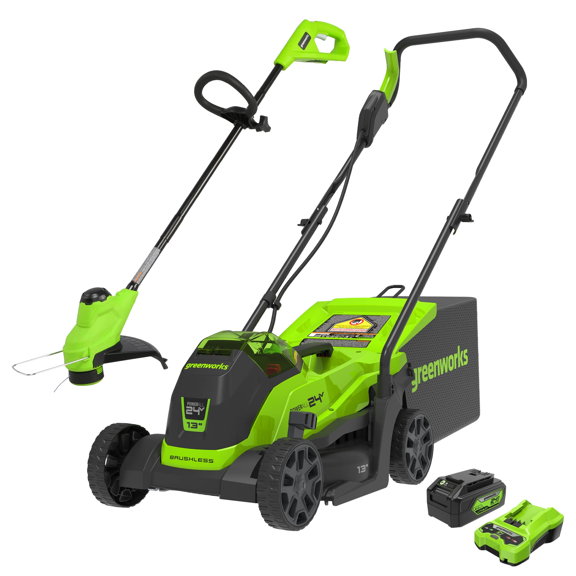 Greenworks 24V 13" Brushless Lawn Mower, String Trimmer, 4.0Ah USB Battery and Charger Included