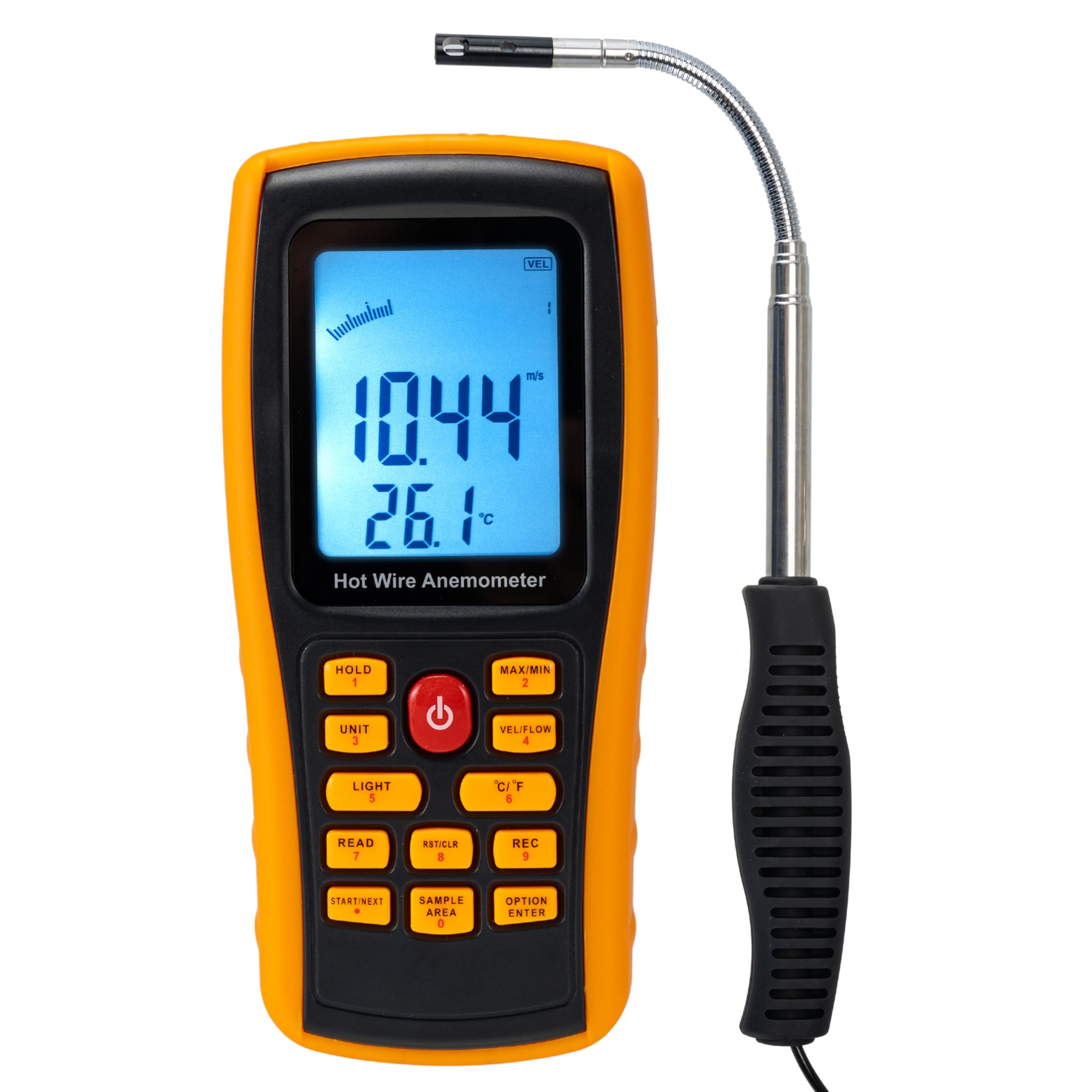 Hot Wire Anemometer, Handheld CMM CFM Meter, Air Flow Velocity Meter, Air Temperature Gauge, Wind Speed Meter with Backlit LCD Display for in-Duct HVAC Airflow Air Velocity, Bendable Telescopic Probe