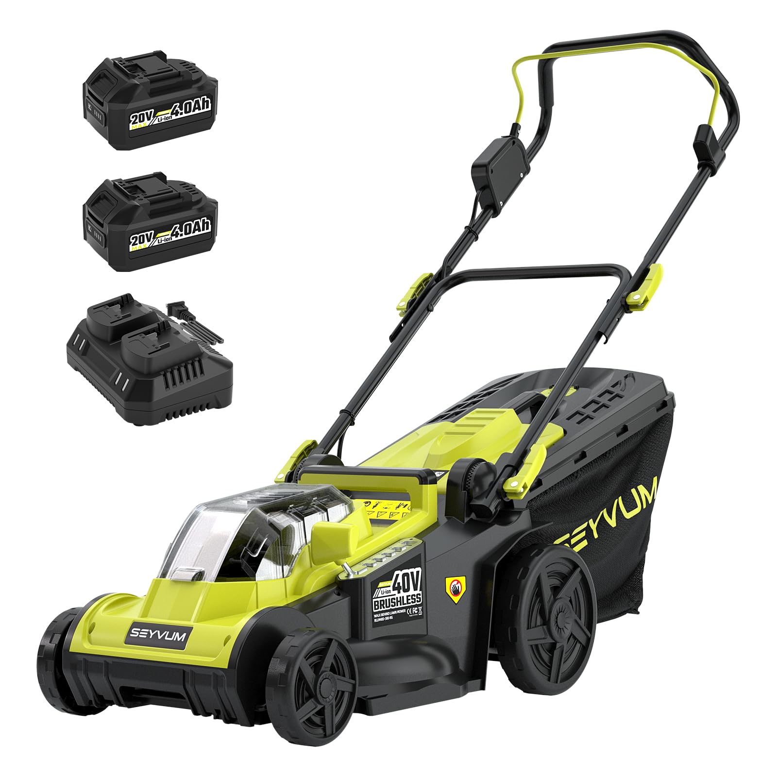 SEYVUM 40V 16-inch Cordless Lawn Mower with 45L Grass Collection Bag, 6 Position Height Adjustment Electric Lawn Mower, 2 x 20V 4.0Ah Battery Powered Push Lawnmower, 2.4A Fast Charger Included
