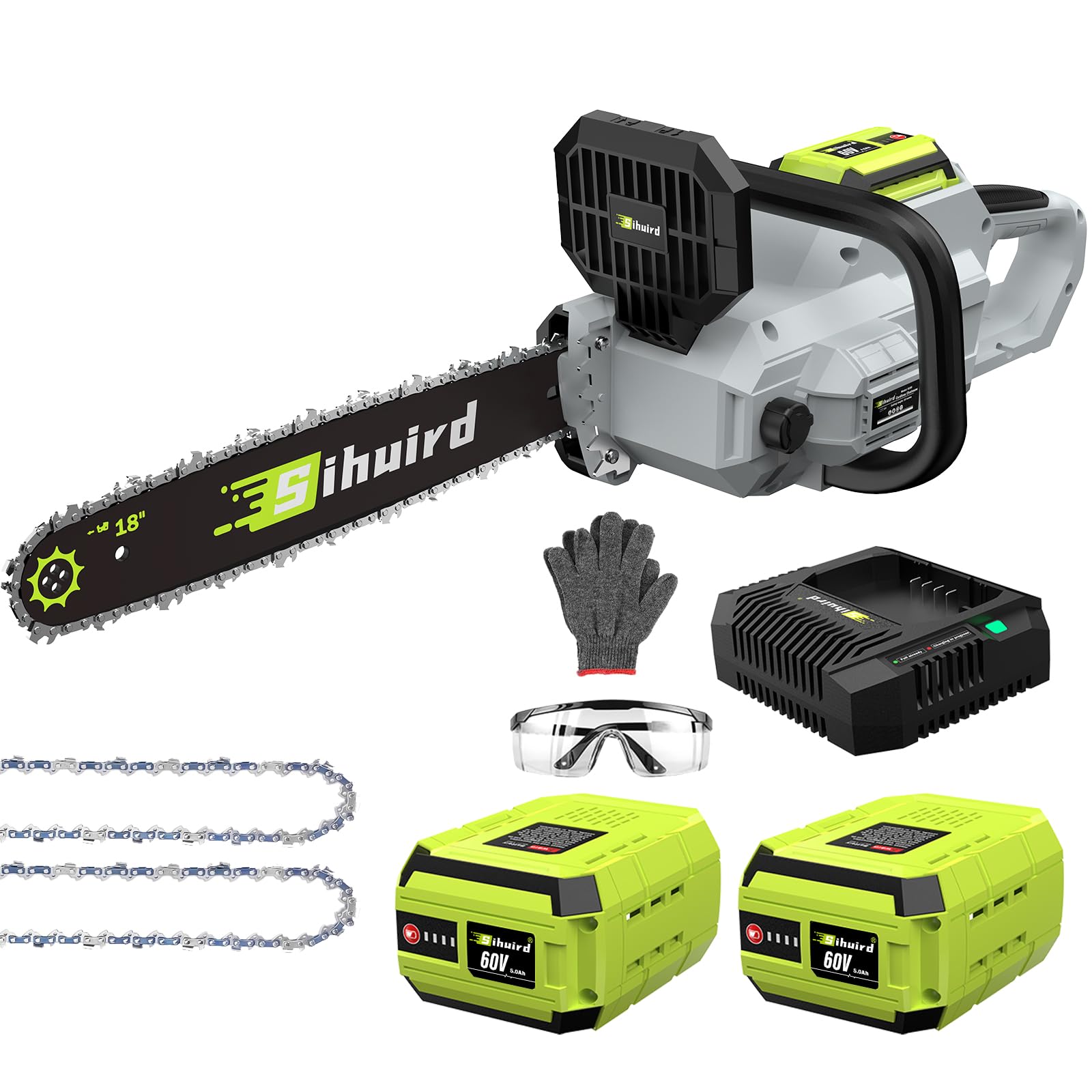 Sihuird 60V 18-Inch Cordless ChainSaw, Brushless Motor Electric Chainsaw with 2 x 5.0Ah Battery and Charger, Tool-free Chain Tension & Auto Lubrication for Tree, Wood Cutting, Courtyard, Household