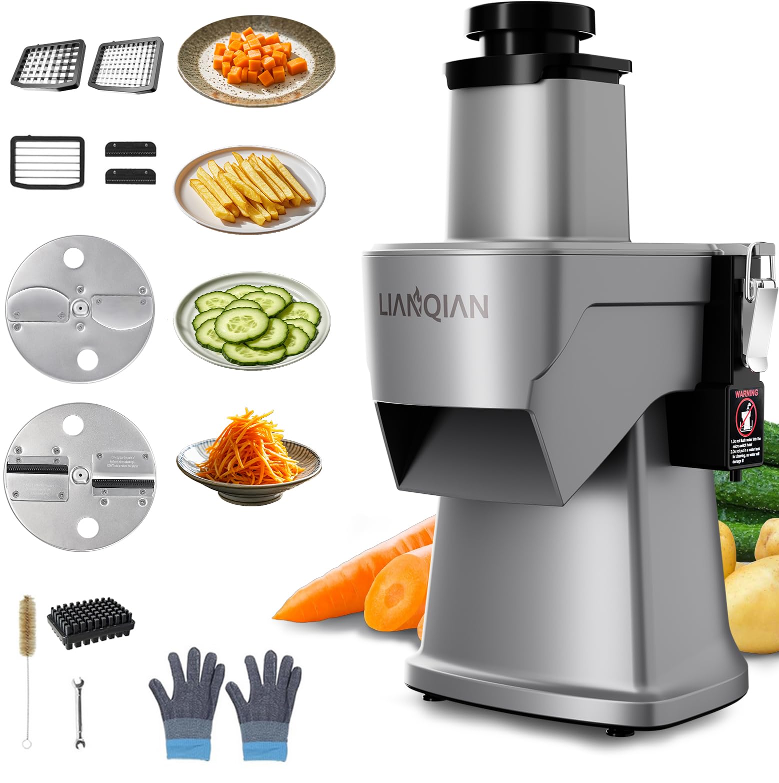 4 in 1 Electric Vegetable Chopper Automatic Multifunctional Food Cutter Slicer for Slicing Shredding Dicing Slitting with Quiet Motor (200W/110V), Multi Blades for Commercial and Home Use