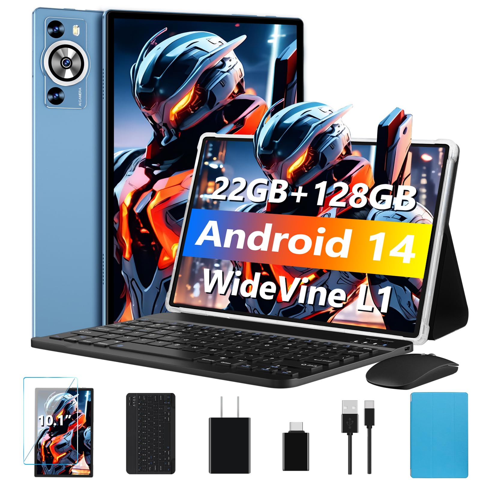 DEERTiME Android 14 Tablet 10.1 Inch 8000mAh Battery Tablets with 22GB RAM 128GB ROM 1TB Expand, Octa-Core HD Touchscreen Tablet with Keyboard, Mouse, Support Widevine L1, Split-Screen - Blue