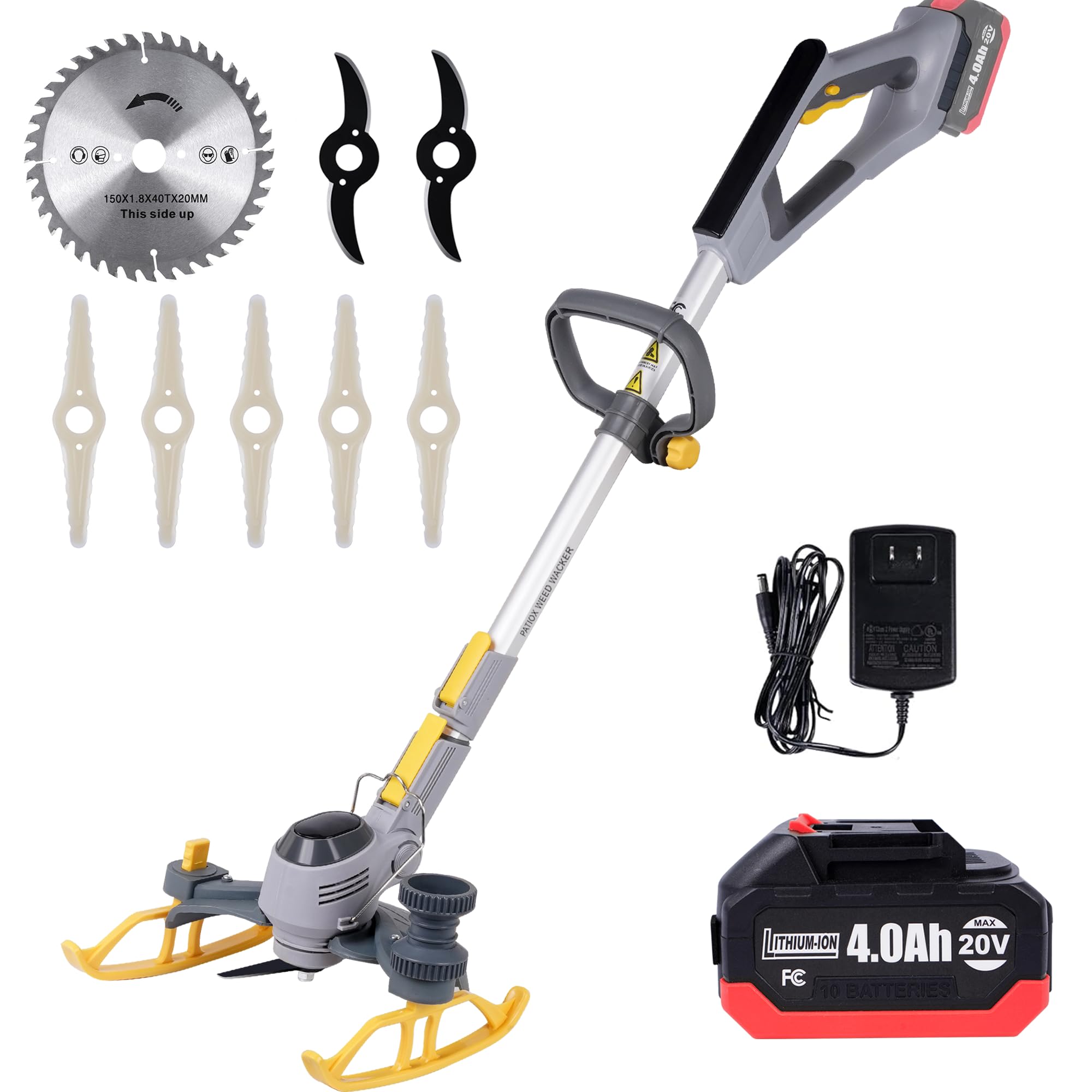 PATIOX Weed Wacker Cordless, PATIOX Electric Weed Trimmer Rechargeable, One 4.0 Ah Battery Powered Weed Whacker, Grass Trimmer with Blade, Handhold Lawn Mower(One 4.0Ah Battery)
