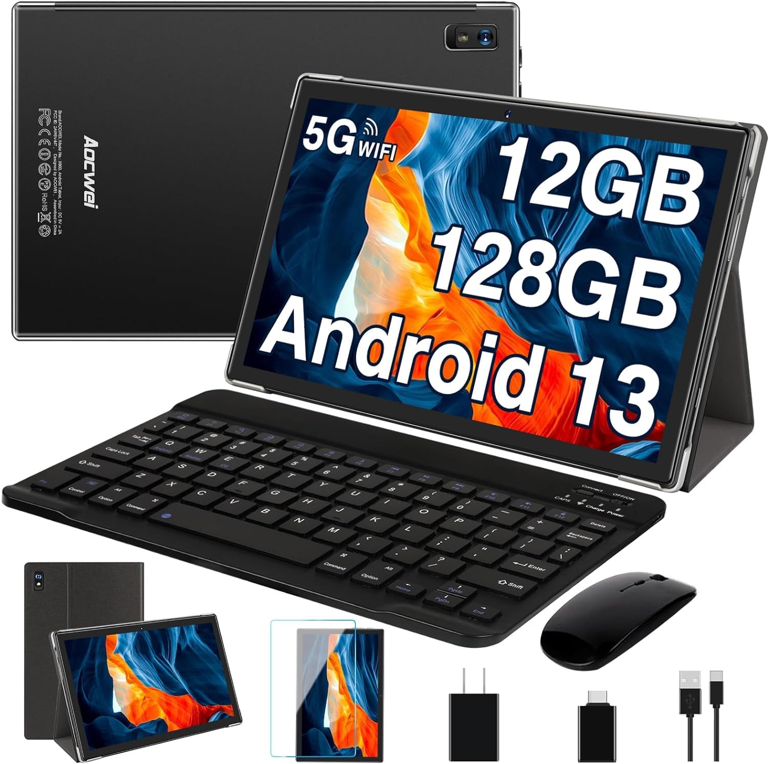 2025 Android Tablet with Keyboard 12GB RAM 128GB ROM 1TB Expand, Octa-Core, 8000mAh 10 Inch Android 13 Tablets with 5G+2.4G WiFi, HD IPS Touchscreen, Case, Mouse, GPS, Split Screen, Metal Body -Black