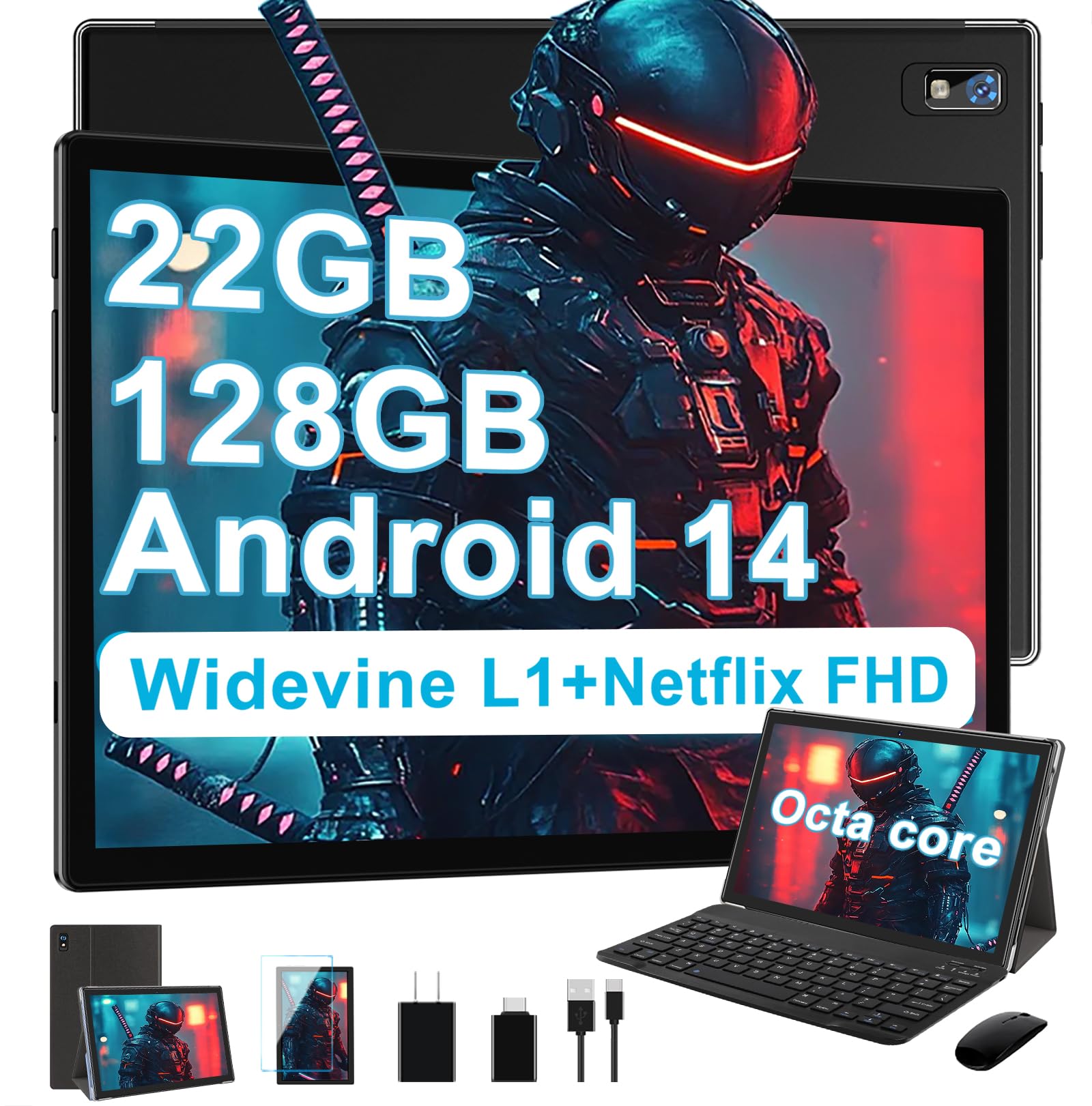 2025 Tablet 10 Inch Android 14 Tablets with 22GB RAM 128GB ROM 1TB Expand, Octa-Core Tablet with Keyboard Mouse, 8000mAh Battery, HD IPS Display, GPS, Widevine L1, Split Screen, Metal Body -Black