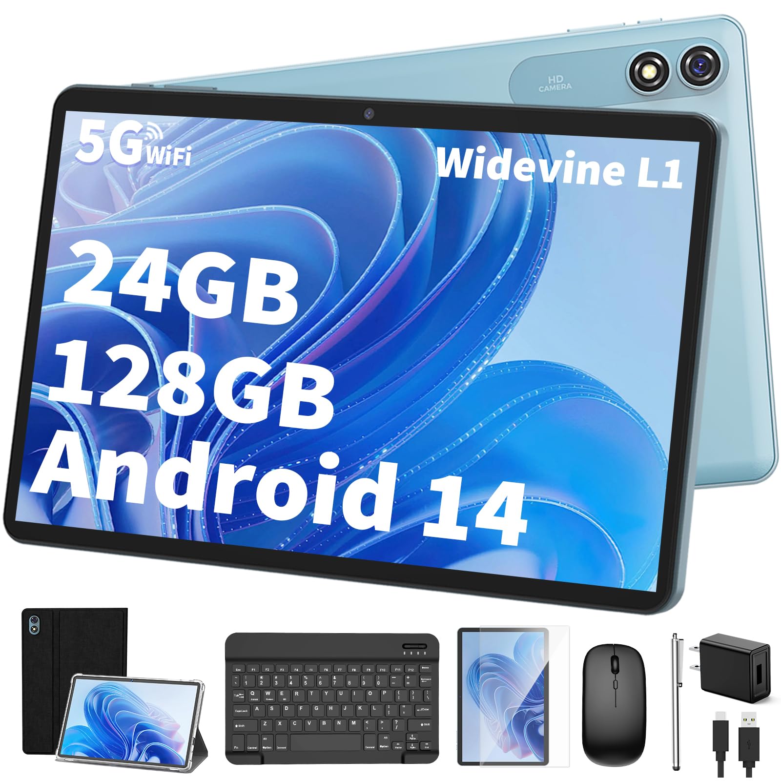 Android Tablet with Keyboard,10 inch Android 14 tablet, 24GB RAM 128GB ROM, 1TB Expand, Octa-Core, Widevine L1, 2.4G/5G WiFi, 8000mAh, Bluetooth, GMS, 2 in 1 Tablet with Case, Mouse, Stylus (Black)