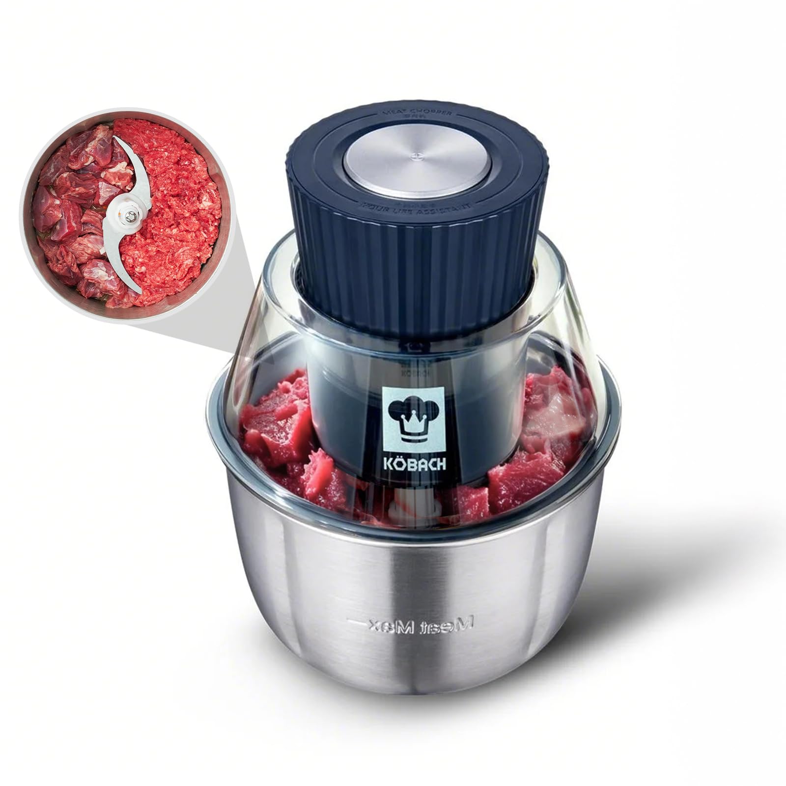 KOBACH Electric Food Processor & Meat Grinder – 1.9 Qt Food Chopper with Pure Copper Motor, Dual-Layer Blades, Procesador de Alimentos Electrico