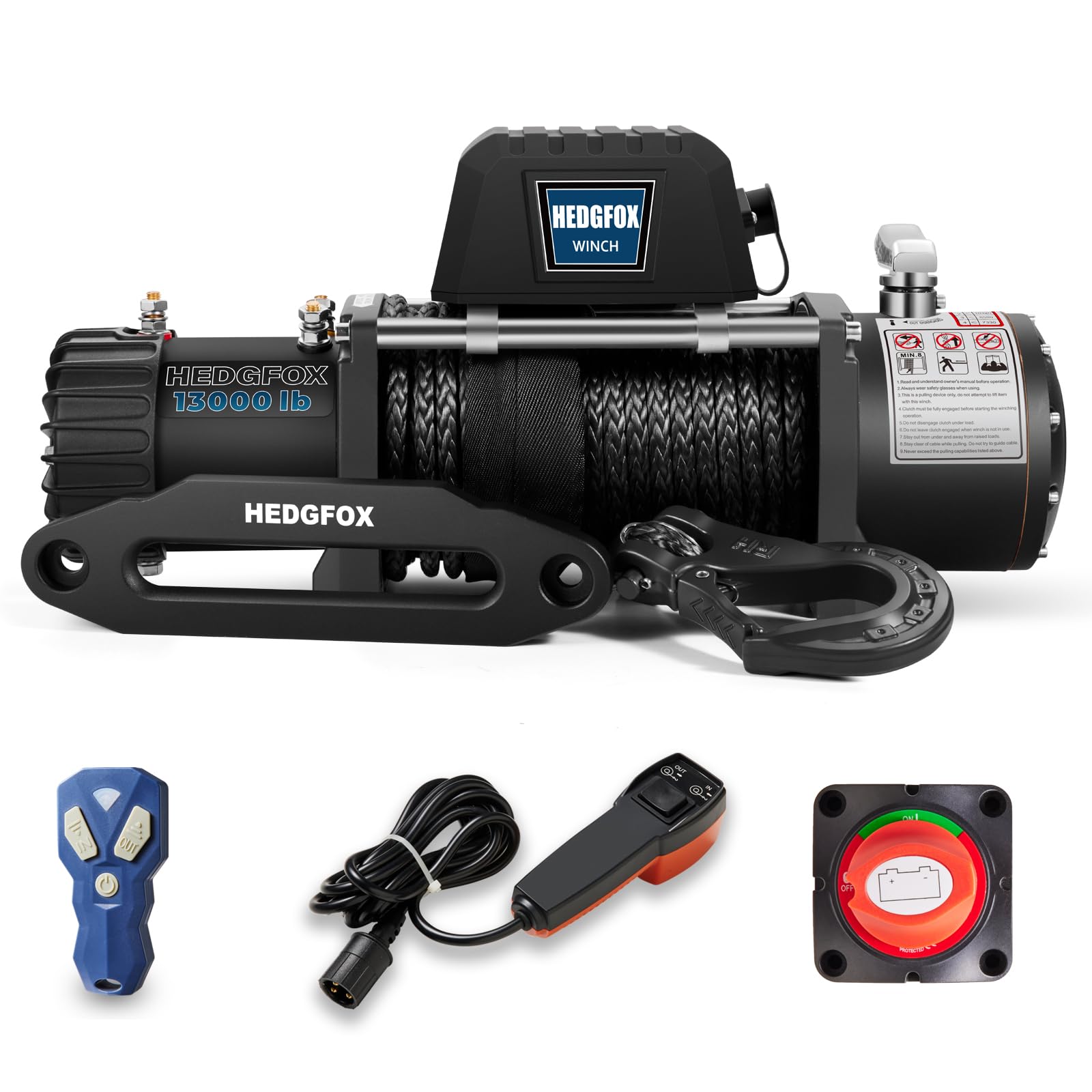 HEDGFOX 12V Electric Winch 13000lbs Pulling Capacity Electric Synthetic Rope Winch Waterproof IP66 with 2 Wireless Remotes and Handheld Switch for Truck SUV Jeep Wrangle