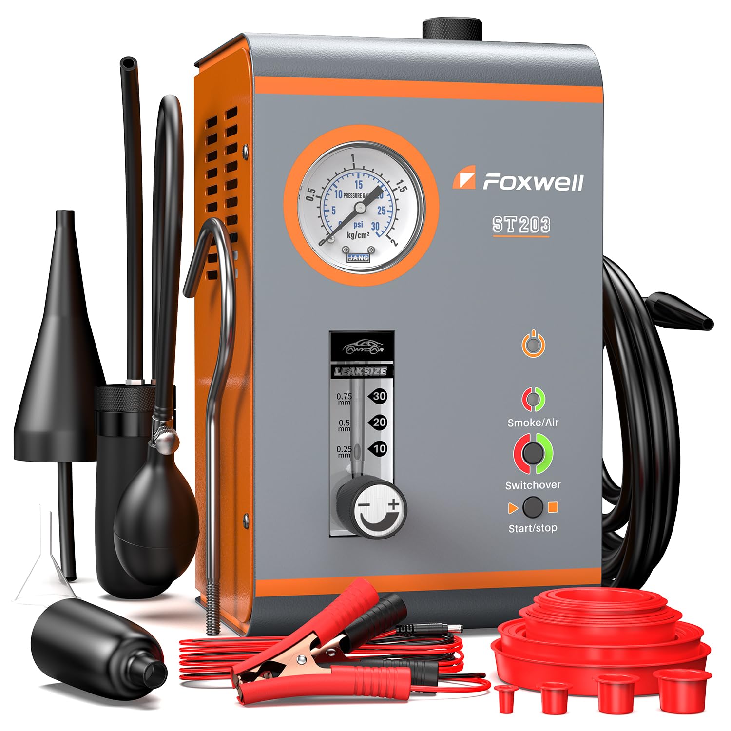 FOXWELL ST203 Smoke Machine Automotive Leak Detector, Auto EVAP Smoke Machine Leak Tester with Built-in Air Pump, Pressure Gauge and Flowmeter, Intake Exhaust Emission Vacuum HVAC Smoke Tester for Car