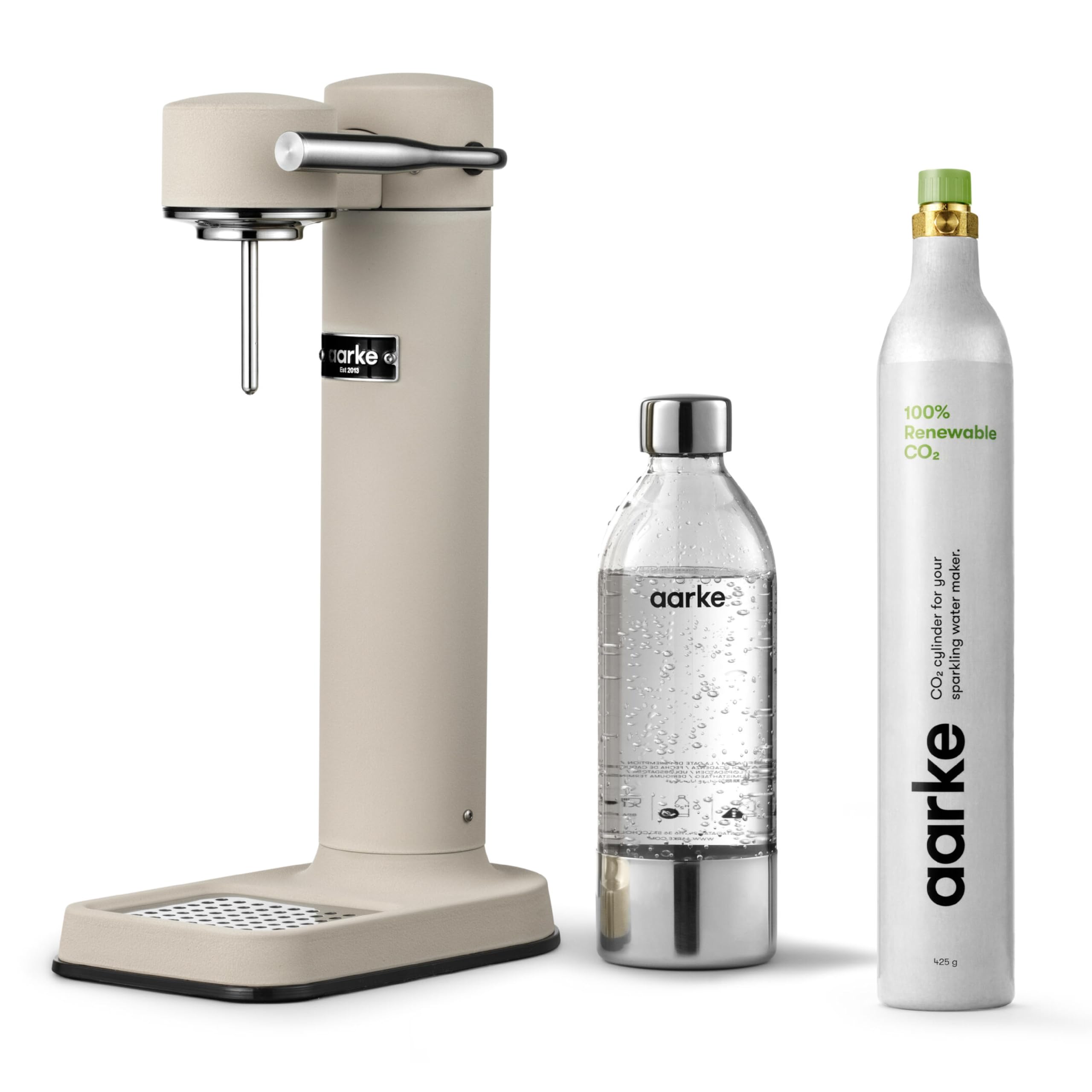 aarke Carbonator lll with CO2 Cylinder, Sparkling & Carbonation Water Machine, Stainless Steel with PET BPA-Free Reusable Bottle Volume 800 mL (Sand)