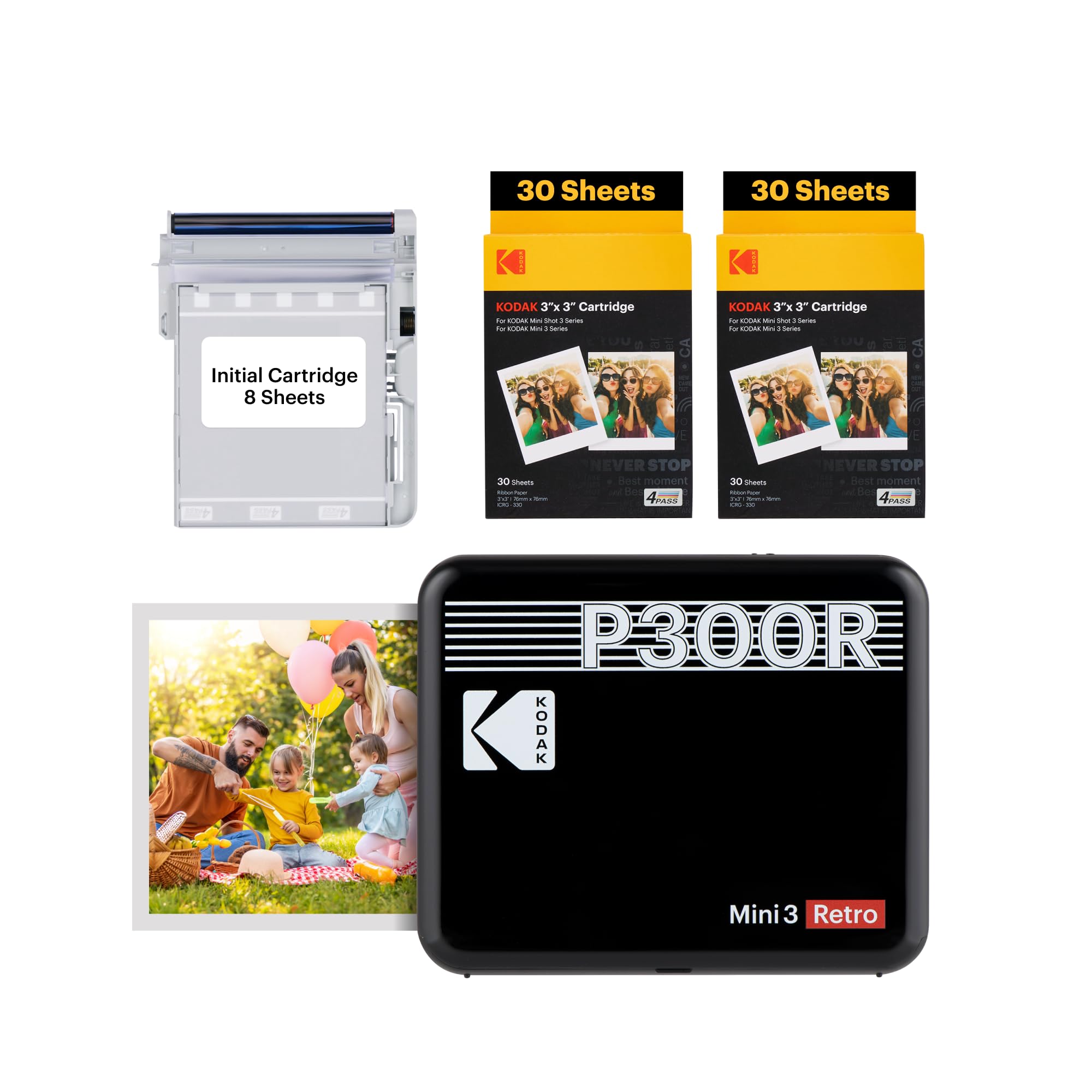 KODAK Mini 3 Retro 4PASS Portable Photo Printer (3x3 inches) Initial 8 Sheets + 60 Sheets Bundle, Black