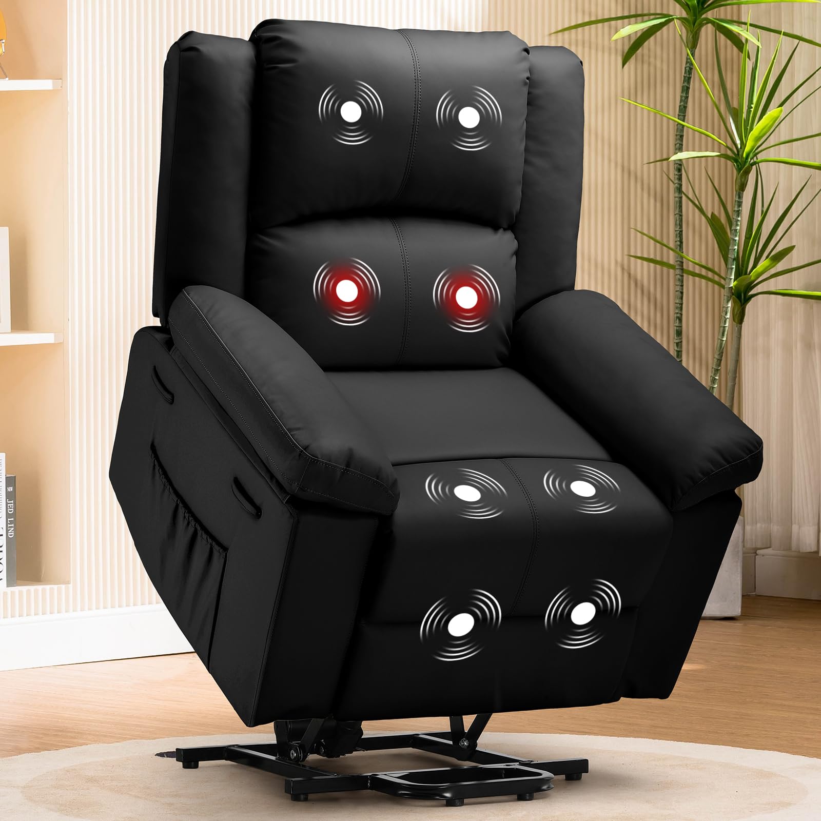COMHOMA Power Lift Recliner for Elderly, Lift Chair with Heat and Massage，PU Recliner Sofa with 2 Side Pockets and Infinite Position for Living Room, Black