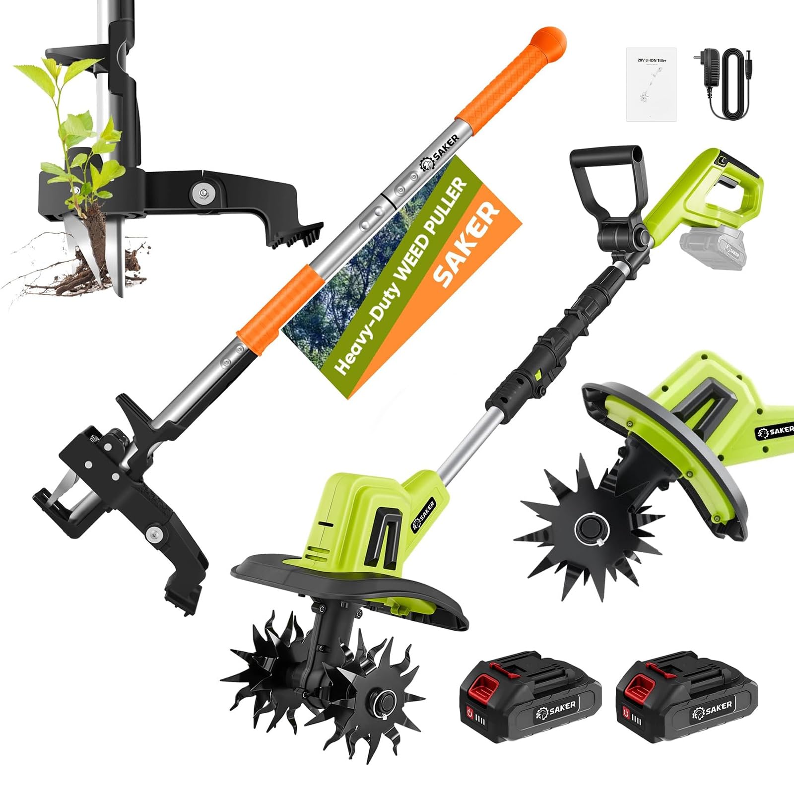 Saker Weed Puller Tool Stand Up Garden Tool with Long Handle & Stainless Steel Claws + 22V Cordless Electric Garden Tiller, 9-Inch Tilling Width, 6.3-Inch Depth, 2 Batteries & Charger Included