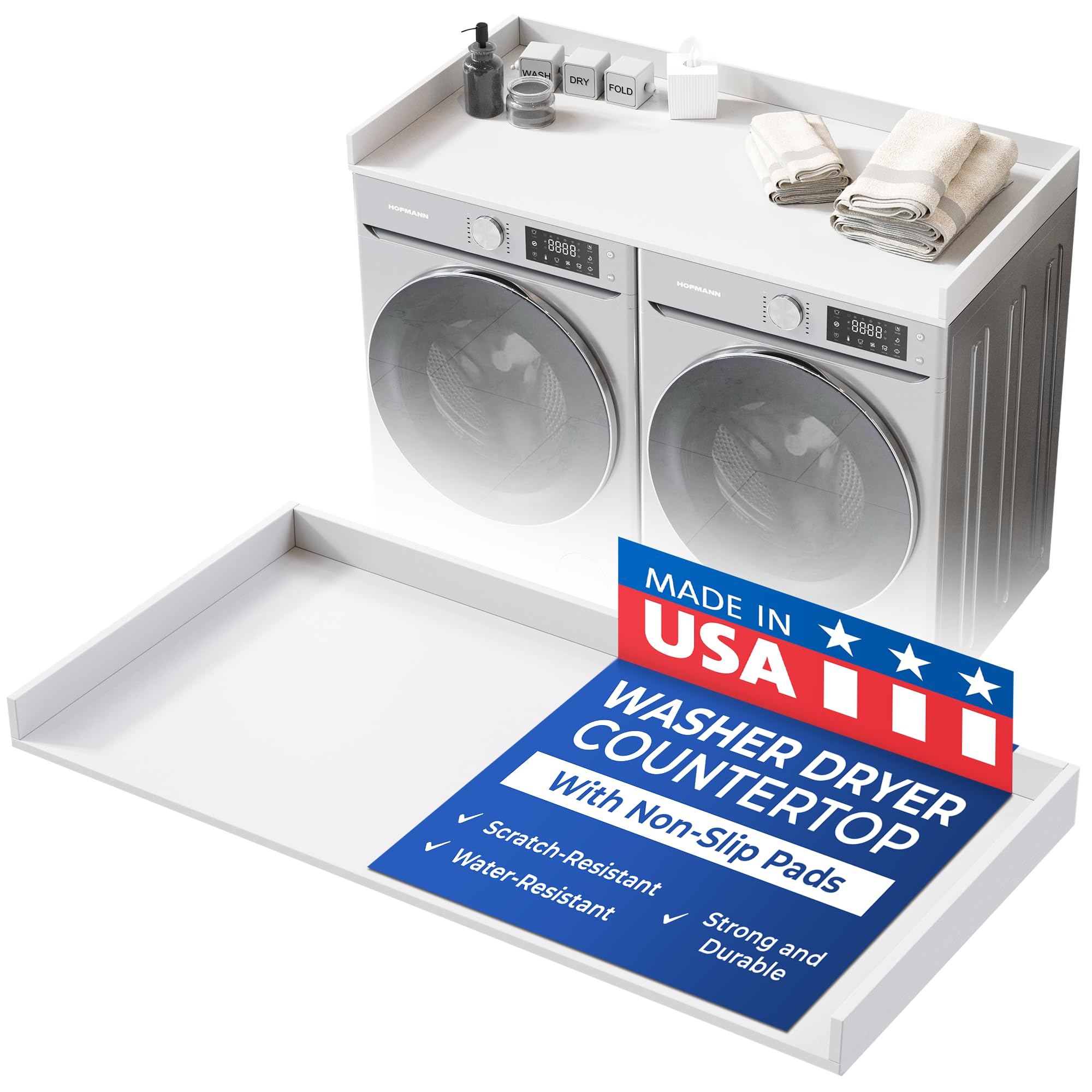 OfficeSimpli Washer Dryer Countertop, Made in USA, Non-Slip Pads, Easy Clean, Laundry Room Essentials and Decor, Washer Dryer Wood Top for Organization (Glacier White, Standard (27.5" x 54"))