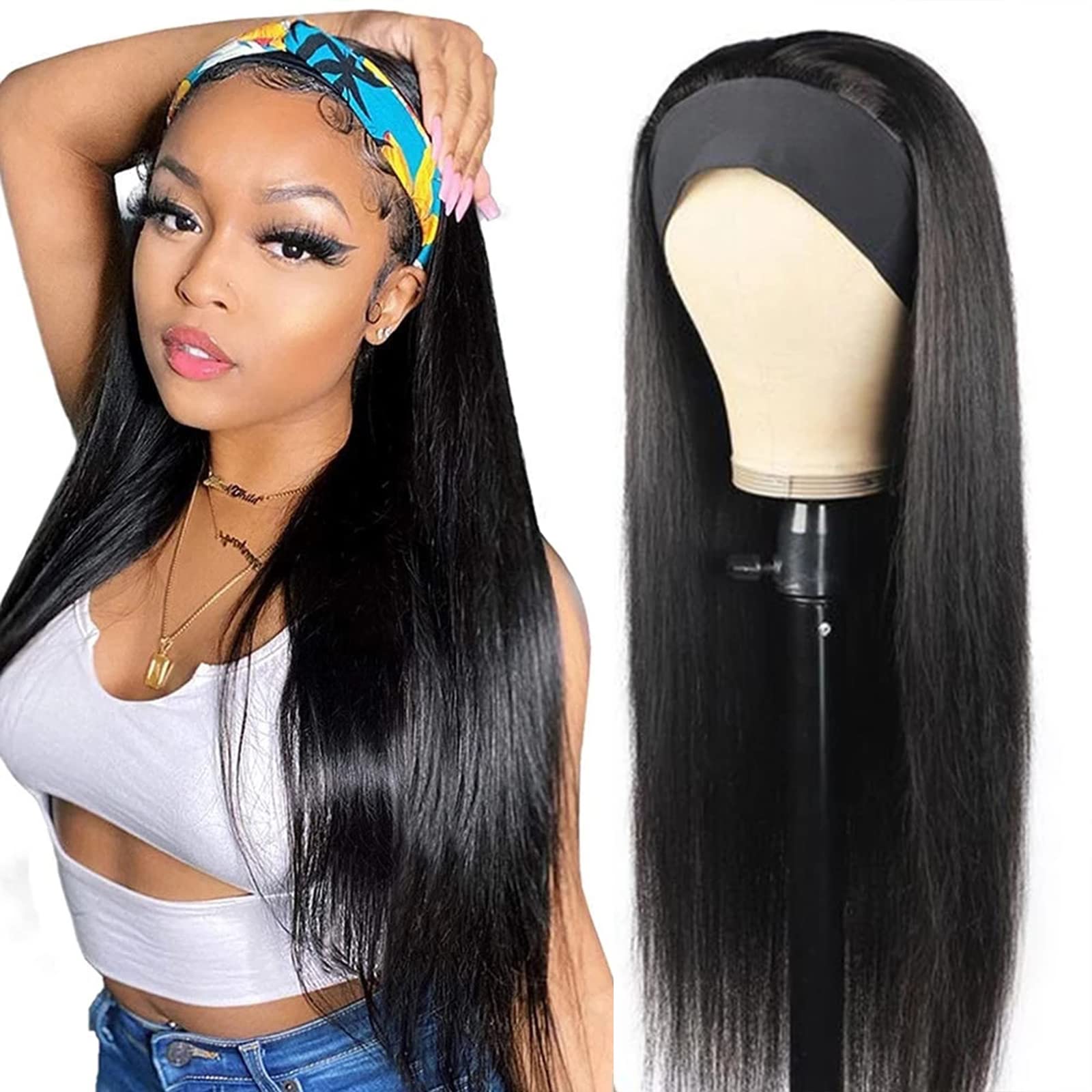 ISEE 10A Headband Wig Straight Human Hair Wigs for Black Women 180% Density Brazilian Virgin Hair Machine Made Headband Wig Non Lace Front Human Hair Wigs 22 inch