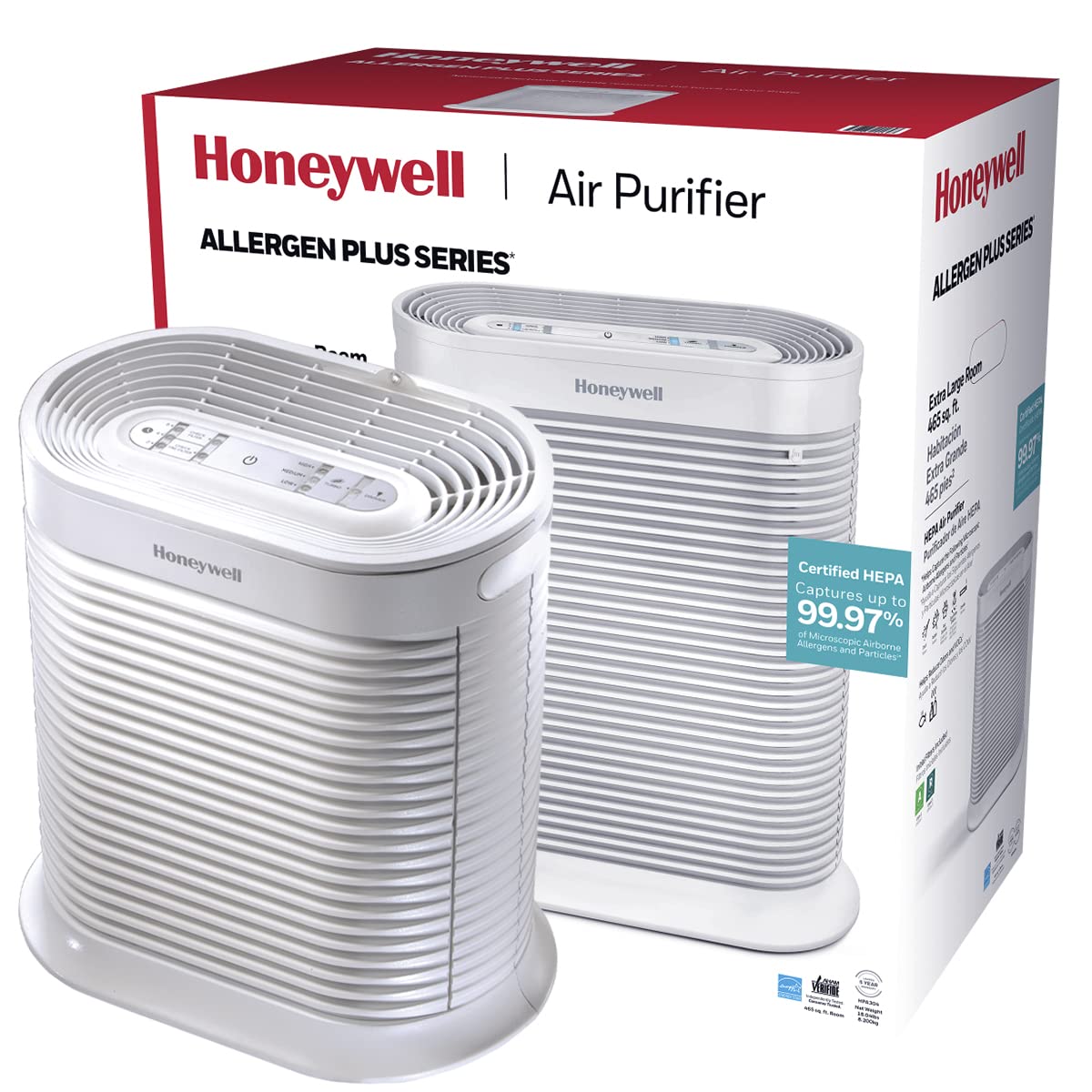 Honeywell AllergenPlus HEPA Air Purifier, Airborne Allergen Reducer for Extra Large Rooms, Reduces Allergens, Smoke, Wildfire Smoke, Pollen, Pet Dander and More, White, HPA304