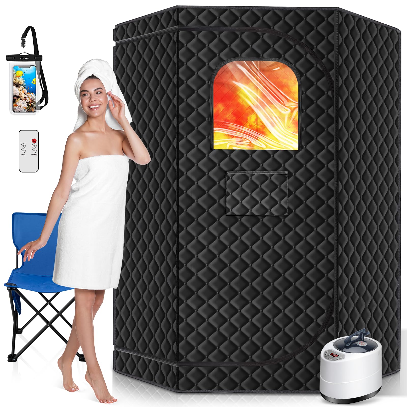 RELEXNOW Portable Steam Sauna for Home, Portable Sauna Box Full Body for Home with 9 Adjustable Heat Levels, Steam Sauna with 3L 1500W Steamer, Folding Chair,99 Minute Timer