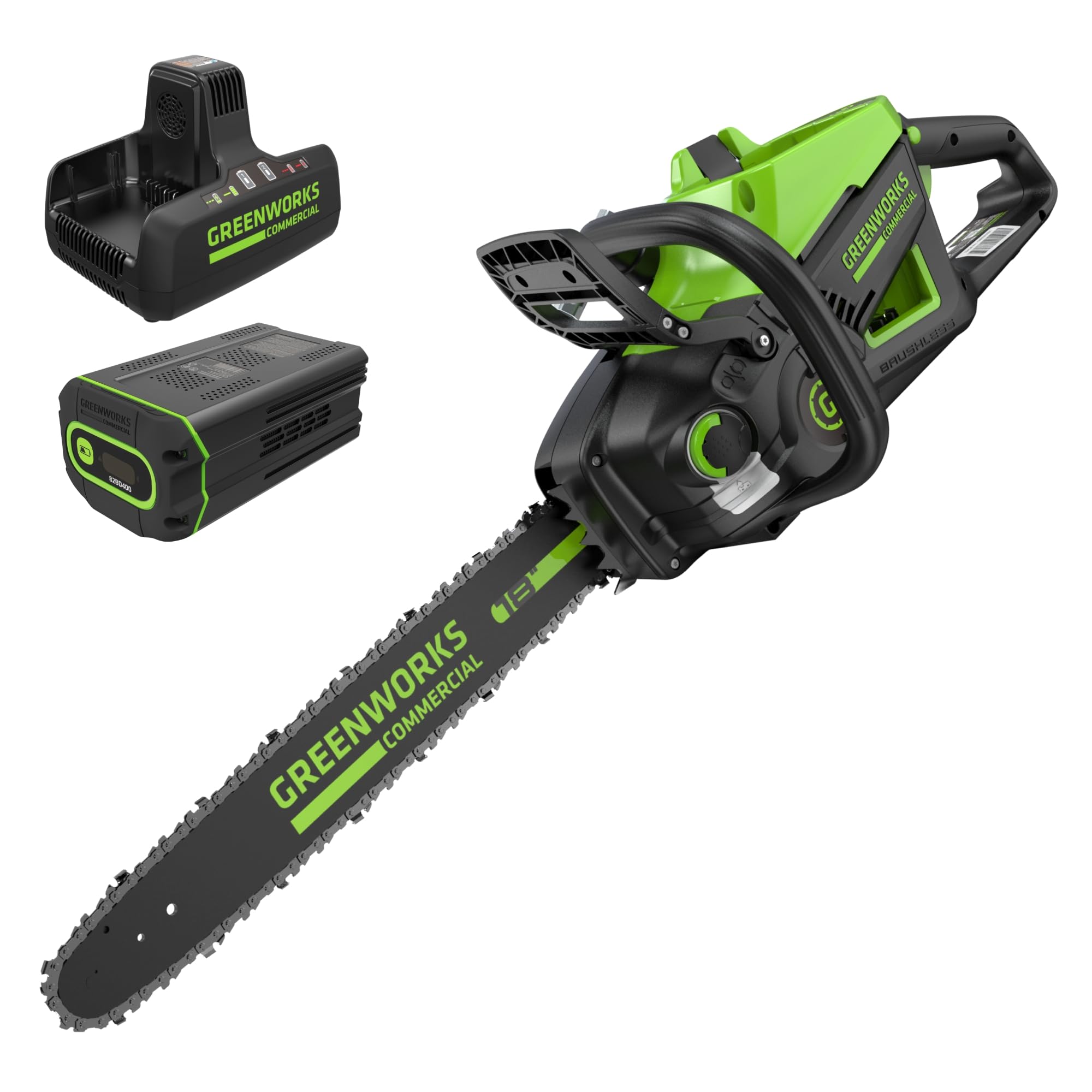Greenworks 82V 18" Brushless (2.7 kW) Cordless Chainsaw (210 Cuts Per Charge), 4.0Ah Battery and Dual Port Rapid Charger (Great For Landscapers and Professionals)