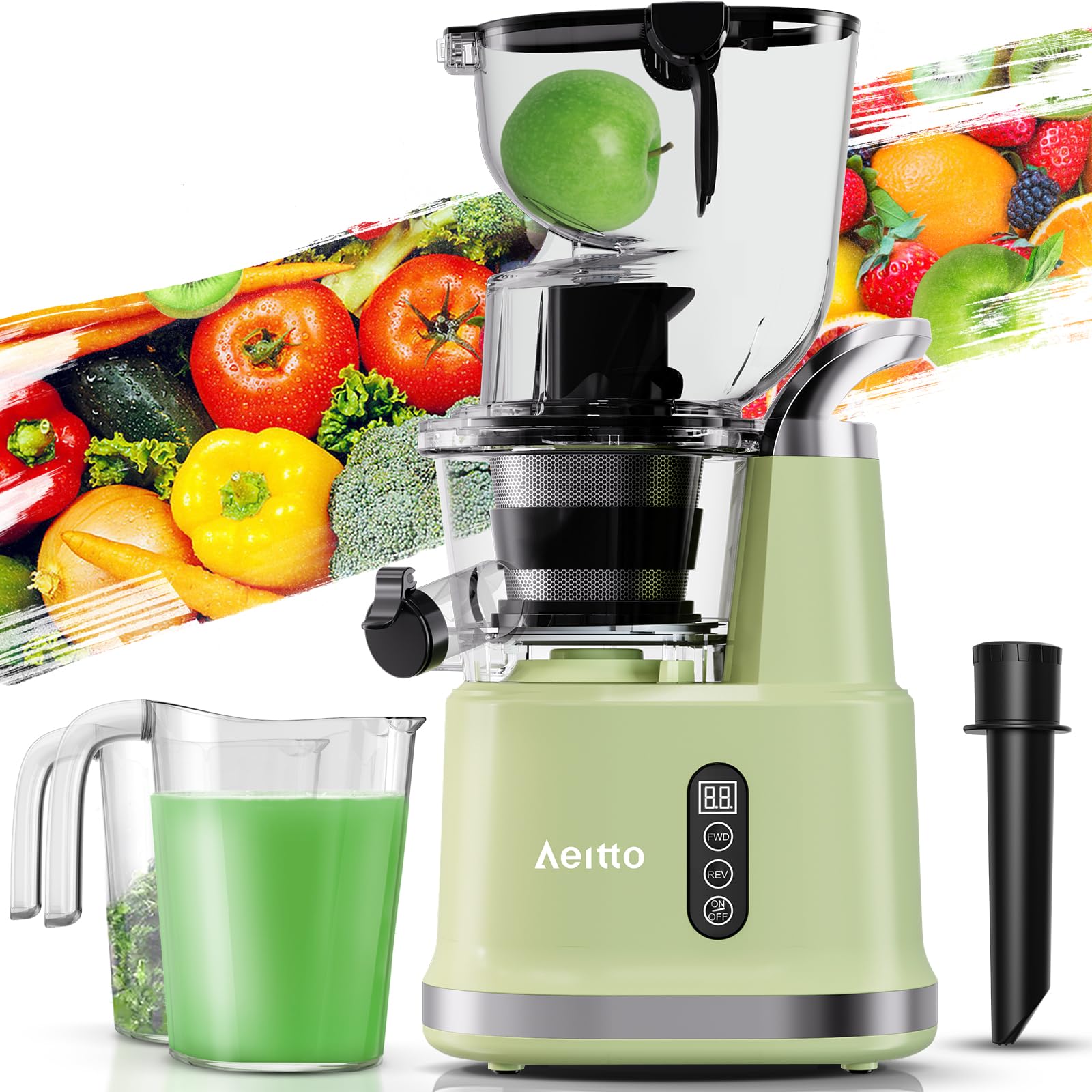 Aeitto Cold Press Juicer,Masticating Juicer Machines with Wide & Dual Feed Chute for Vegetables and Fruits, Self Feeding for Juice Extractor, Large Capacity, High Juice Yield, Easy to Clean