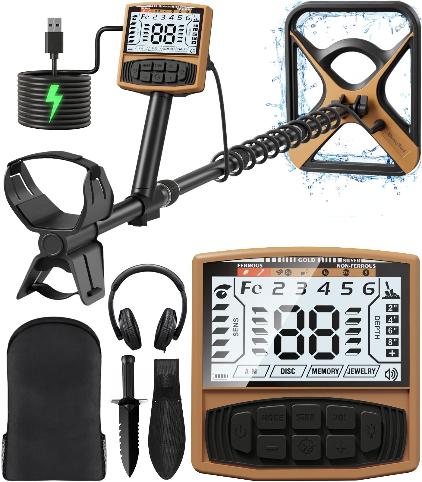 DetectTrek Metal Detector for Adults Rechargeable, 11" Professional Higher Precision Waterproof Coil, 5 Modes Gold Detector with 4000 mAh Lithium Battery, Easy to Use, M55, Brown