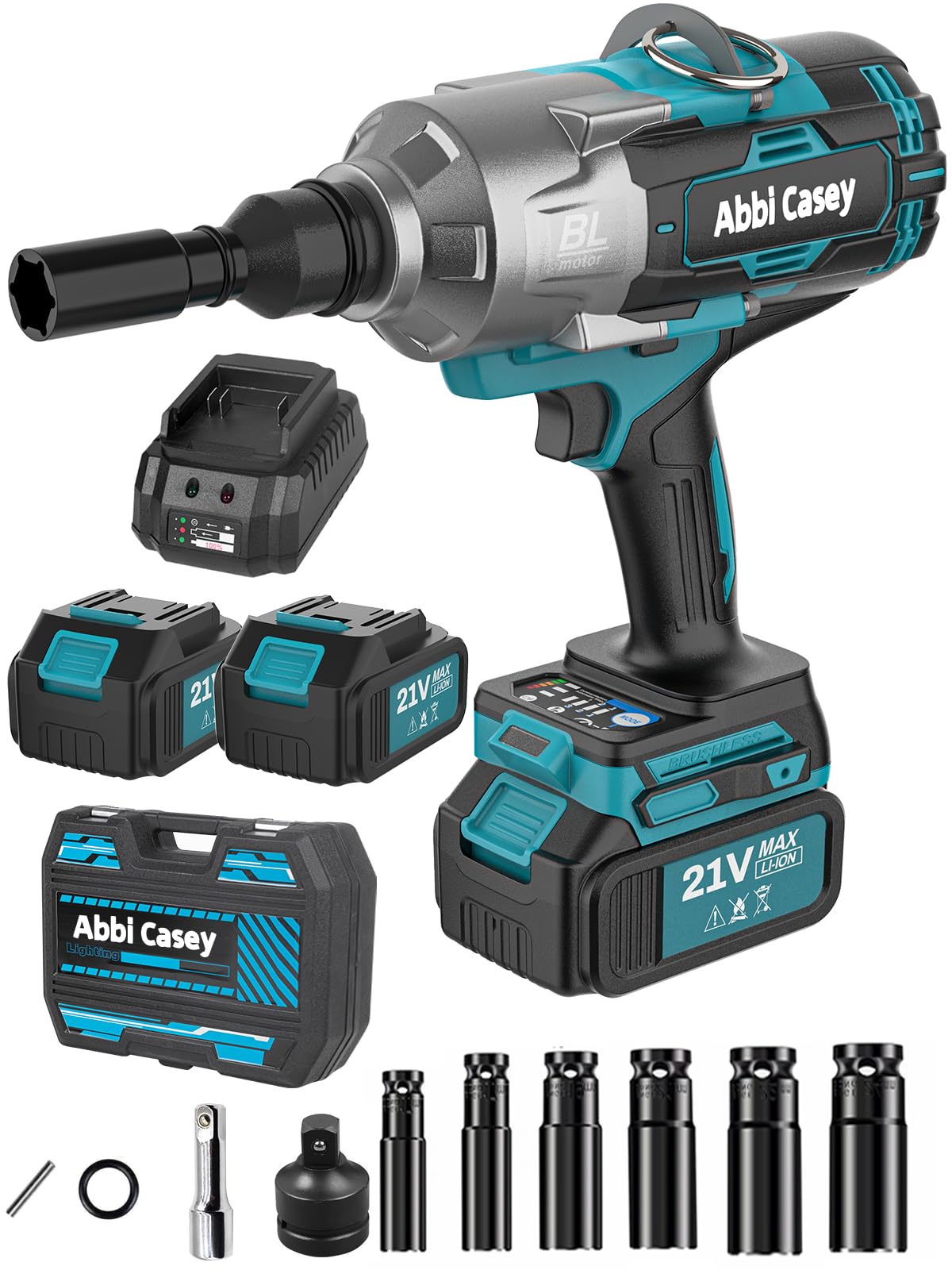 Abbi Casey Impact Wrench 3/4 inch, Brushless Power Impact Gun, 1400Ft-lbs(2000N.m) & 4500 RPM High Torque Gun, 2x 4.0Ah Battery with Fast Charger, 6 Impact Sockets,1 Extension Bar, 3/4 to 1/2 Adapter
