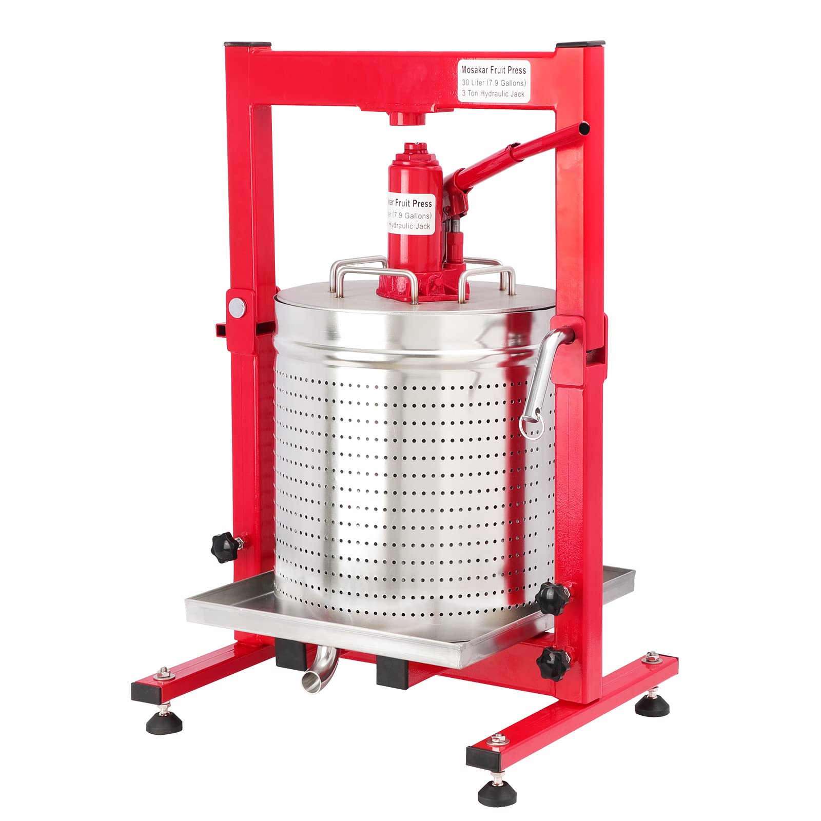 7.93 Gallon / 30L Mosakar Fruit Press - Hydraulic Jack. 3 Ton Pressure. Part contact with Juice are AISI 304 Stainless Steel. Hydraulic Fruit Apple Grape Wine Cider Juice Press