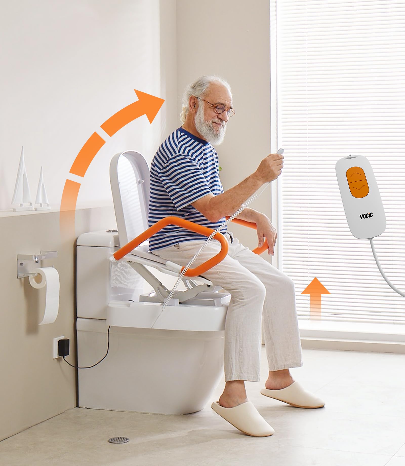 VOCIC Electric Raised Toilet Seat, Electric Toilet Seat Lift, Powered Toilet Seat Riser with Handles, Toilet Lift Seat for Elderly, Support to 330LBS, AX12
