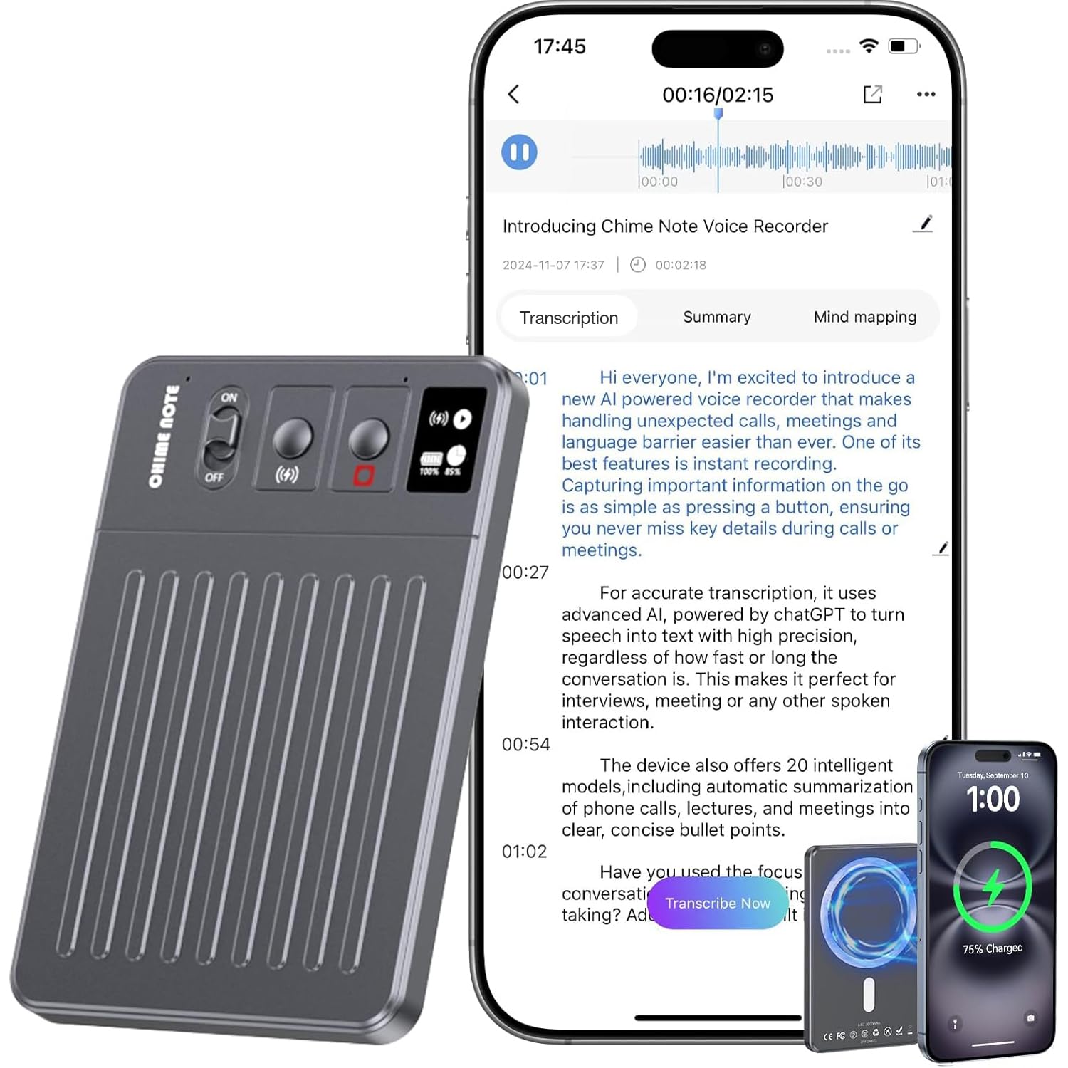 AI Voice Recorder - Voice Recorder w/No Fee for Transcribe & AI Summarize by ChatGPT, APP & Web Control, 121 Languages, 64GB Memory, Wireless Charging, Digital Voice Recorder for Meetings/Calls Grey