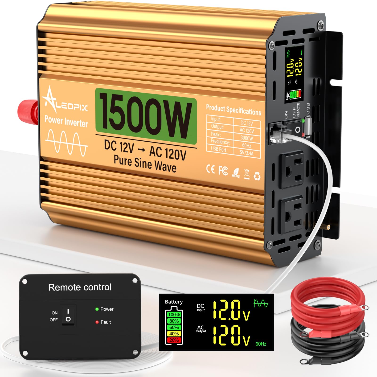 1500 Watt Pure Sine Wave Inverter 12V DC to 110V/120V AC for Truck/RV/Van/Home/Solar/Off-Grid, Surge 3000W Power Inverter with 2 AC Sockets, 5V 3.4A USB, LED Display, Remote Control for Vehicles