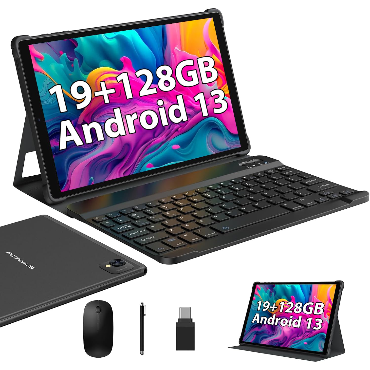 POWMUS 2025 Android 13 Tablets,10.1-inch Tablet with 128GB ROM,19GB RAM,1TB Expand, 2.0GHz CPU, 1920*1200 Incell screen, 8000mAh, 8+13MP WiFi BT5.0 GPS Android Tablet with Keyboard and Mouse - Black