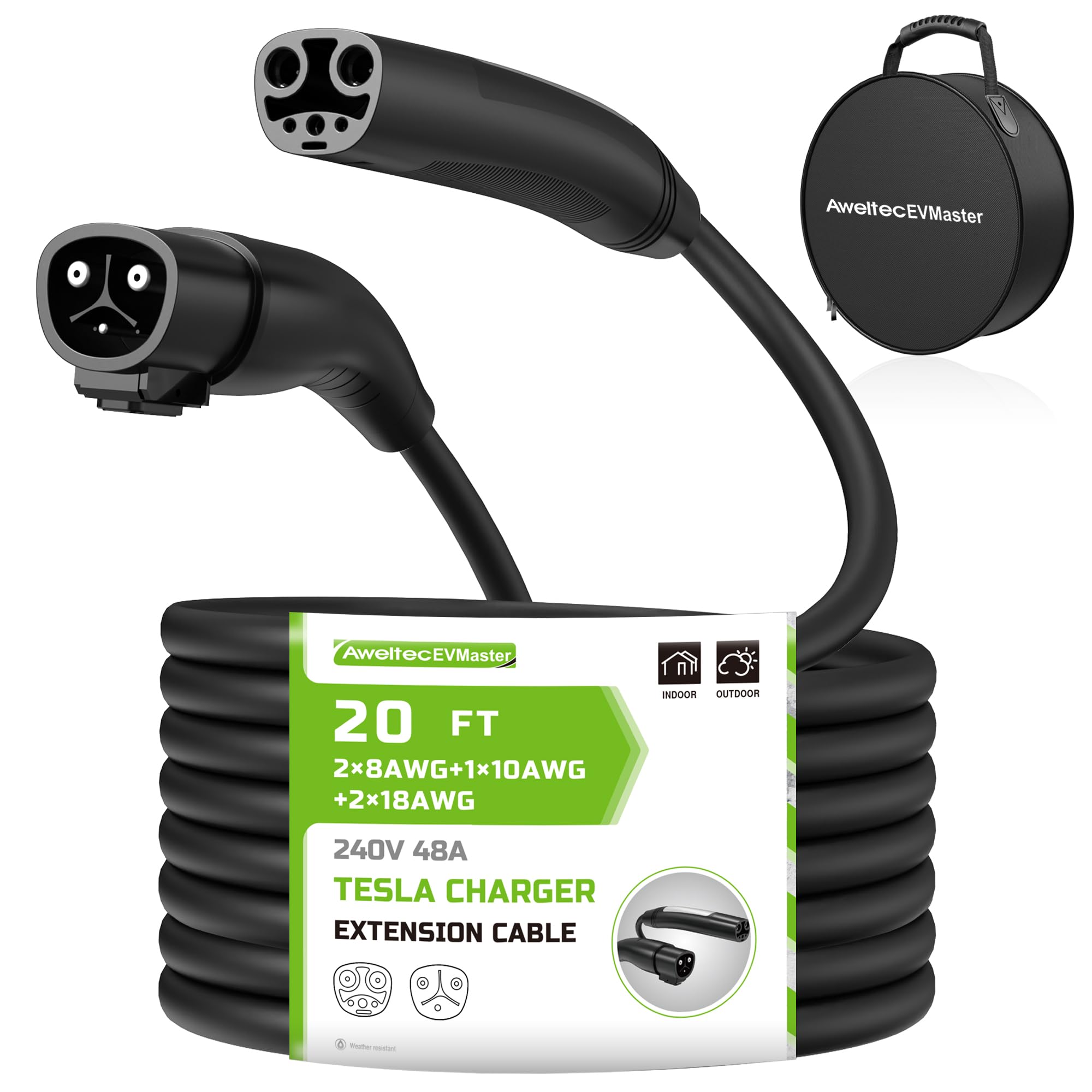EV Tesla Charger Extension Cable, 20ft 48Amp 240Volt Max 11.5kW with NACS Plug, Extension Cord for Level 1/2 Tesla Mobile Charger/Wall Connector, Extension Cord for Model X/Y/3/S, CE/FCC Certificated
